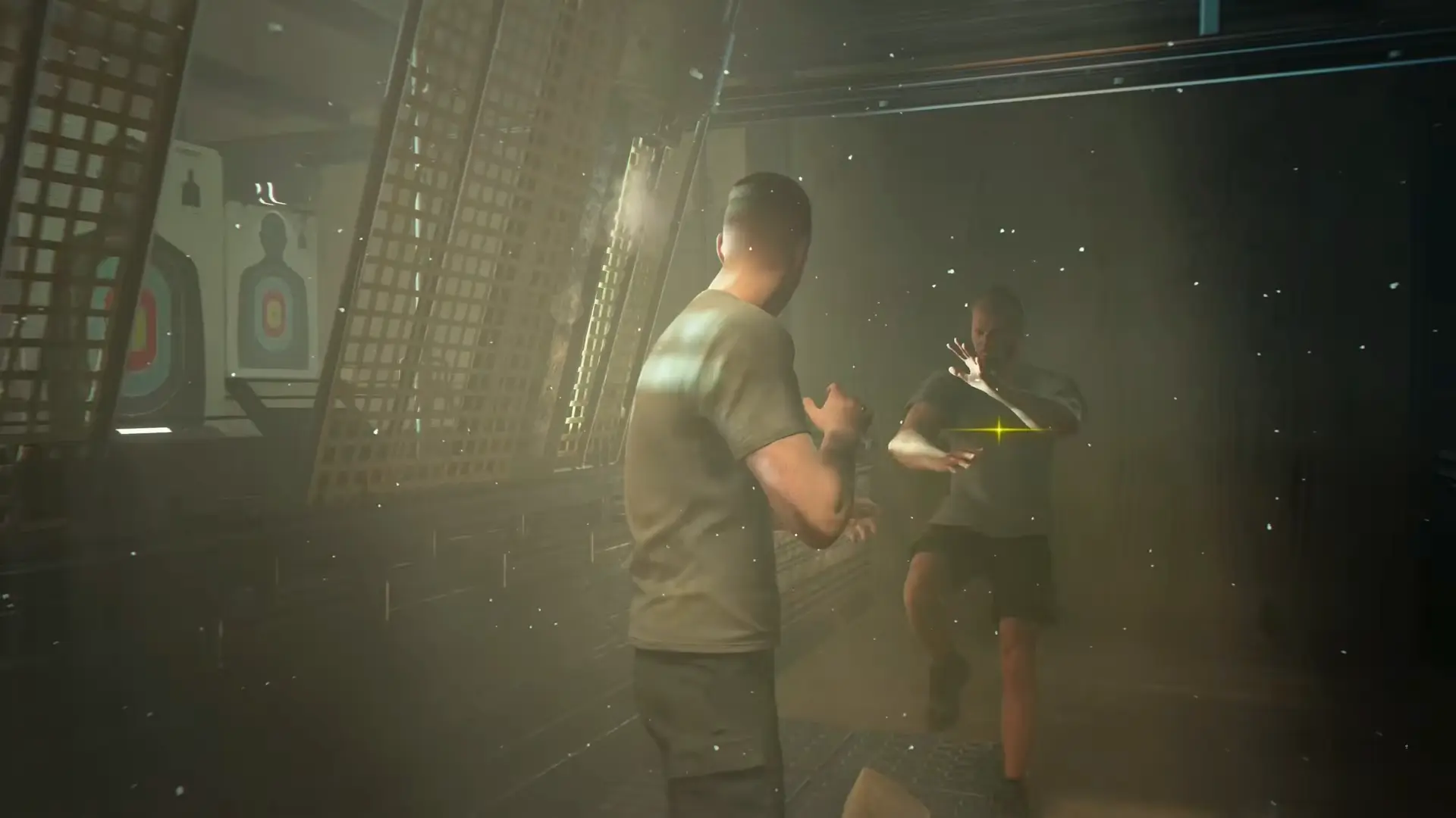 A gritty, close-quarters fistfight in a cramped hallway, with Bond using the environment to disarm a heavily armored guard.