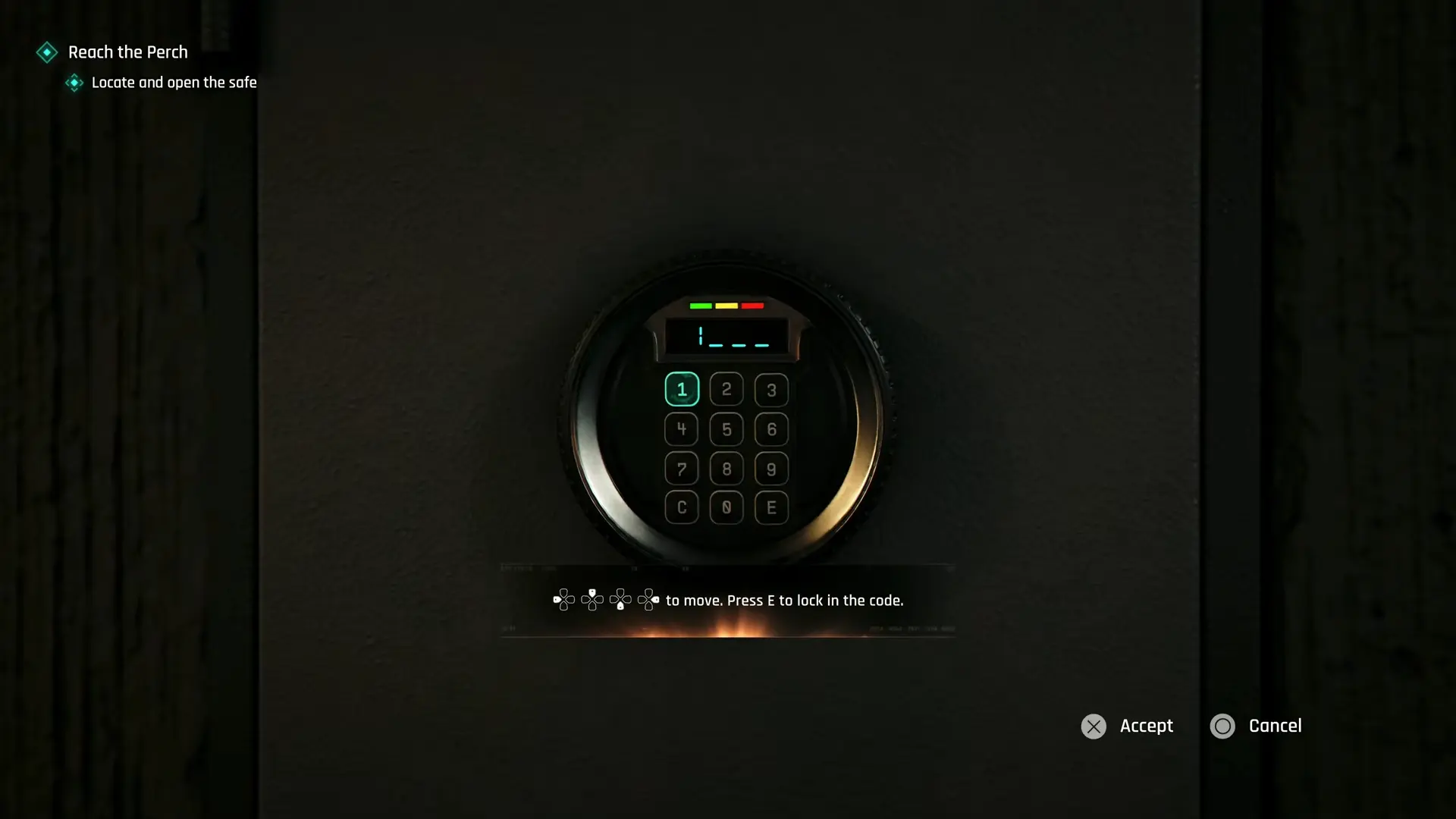 Bond using a high-tech watch laser to quietly bypass an electronic lock while a patrol guard walks by in the background.