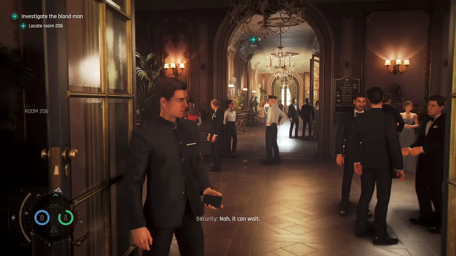 Bond, looking slightly uncomfortable in a borrowed suit, trying to blend in among wealthy guests at a lavish corporate party.
