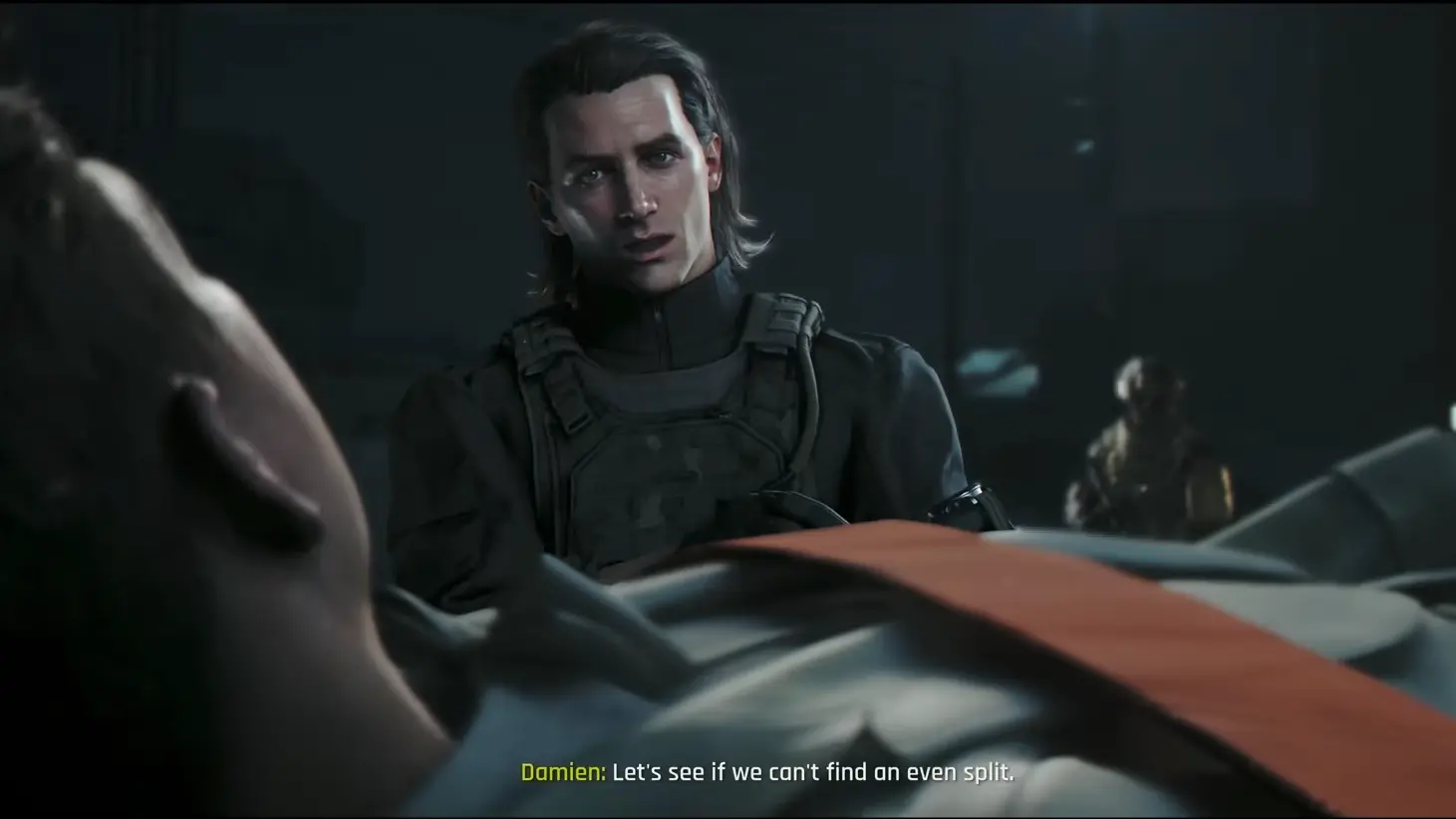 The mercenary leader Damien standing in the shadows of a crashed satellite facility, looking menacingly at a captured scientist.