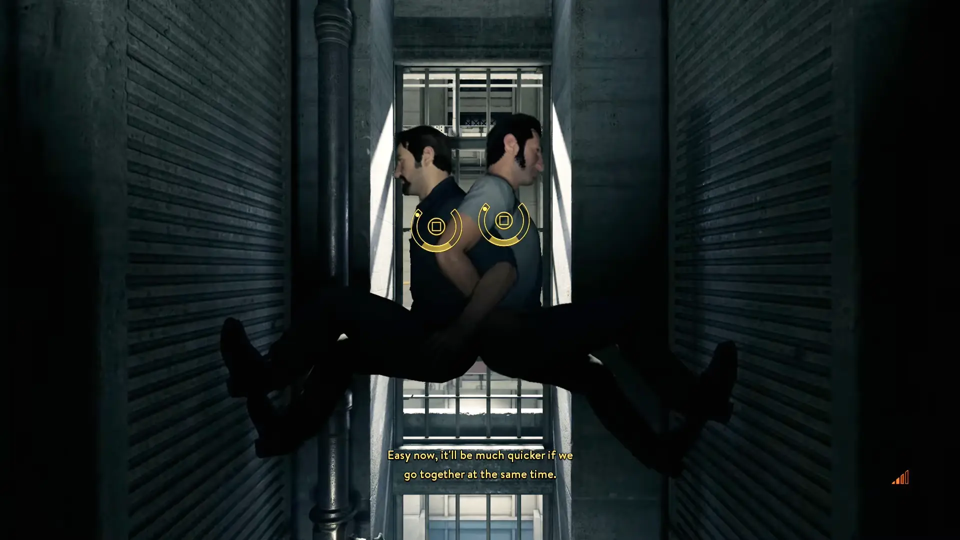 Vincent and Leo climbing back-to-back up a dark, narrow vertical shaft, highlighting the synchronized button-pressing mechanic required to ascend.