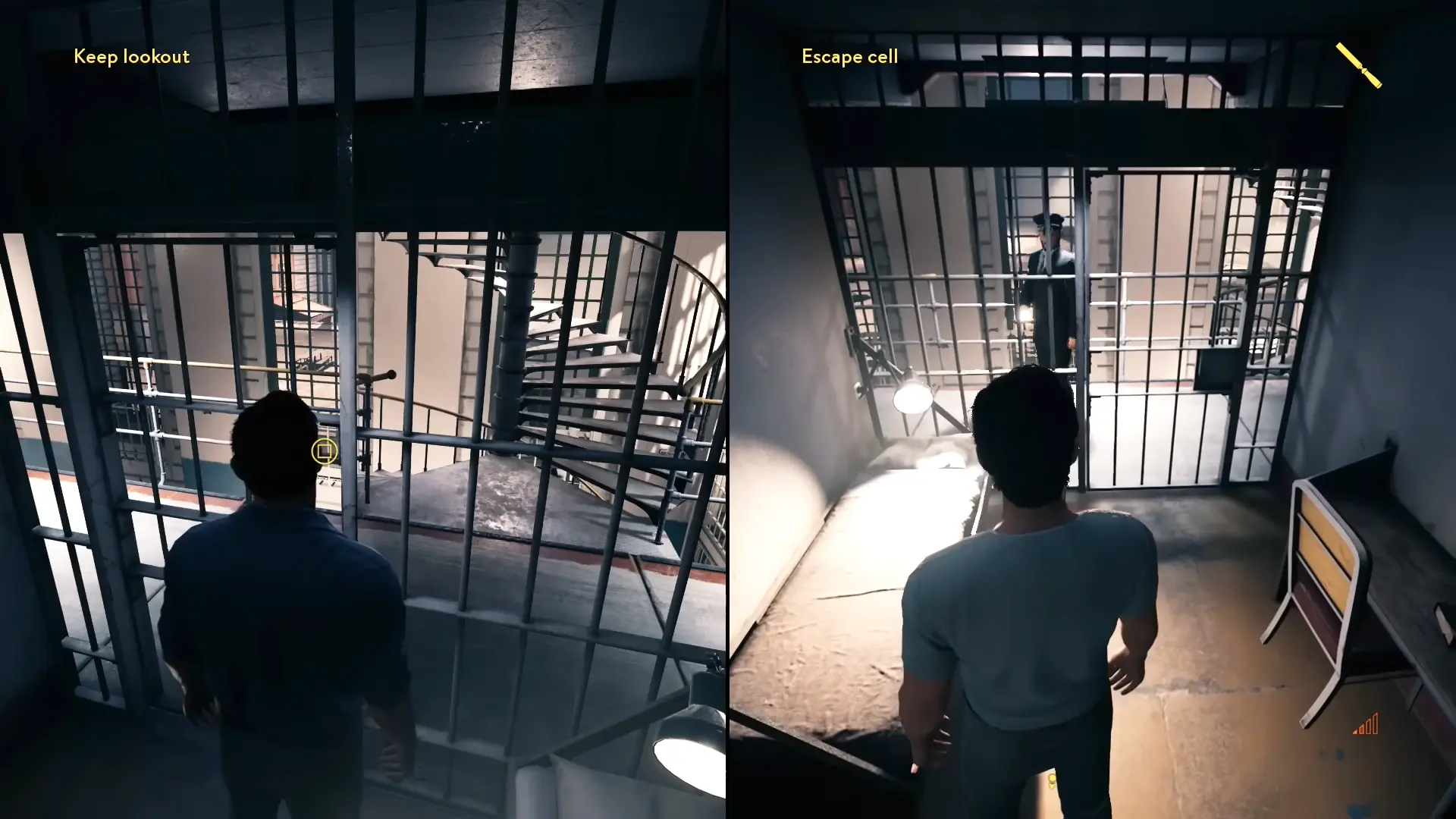 Vincent and Leo staring out from behind the bars of their adjacent cells, bathed in the harsh, cold light of the cellblock at night.