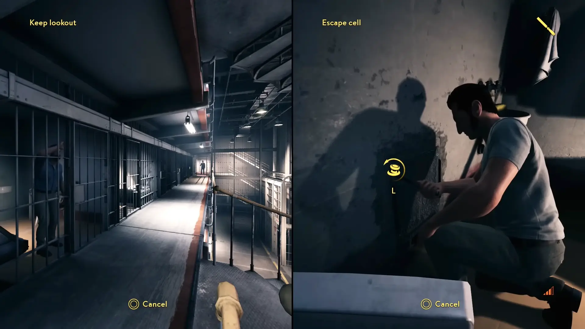 Vincent knocking on the cell bars to distract the night guard, while Leo removes the toilet in the adjacent cell to chip away at the wall.