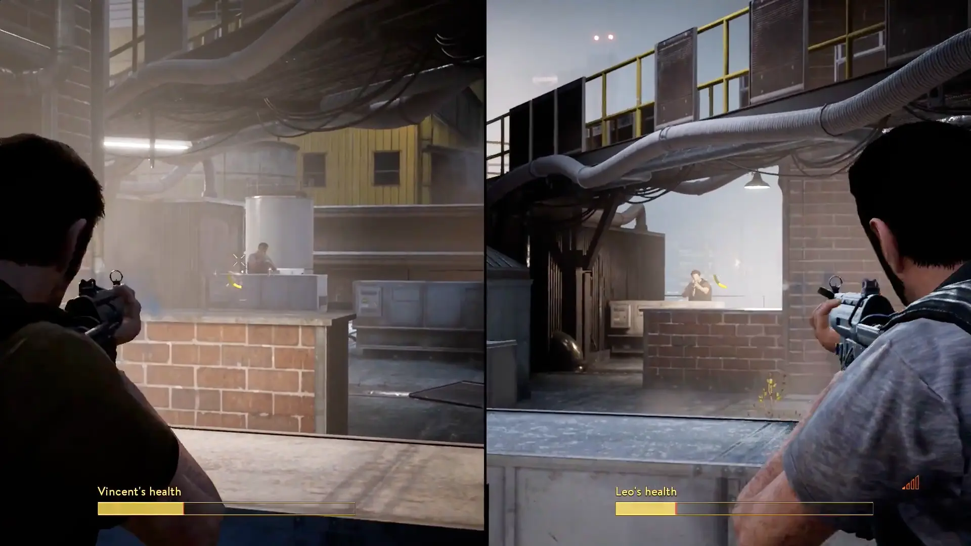 A rain-soaked, tense standoff between Leo and Vincent on a rooftop, their guns drawn, capturing the heavy emotional weight of the game's climax.