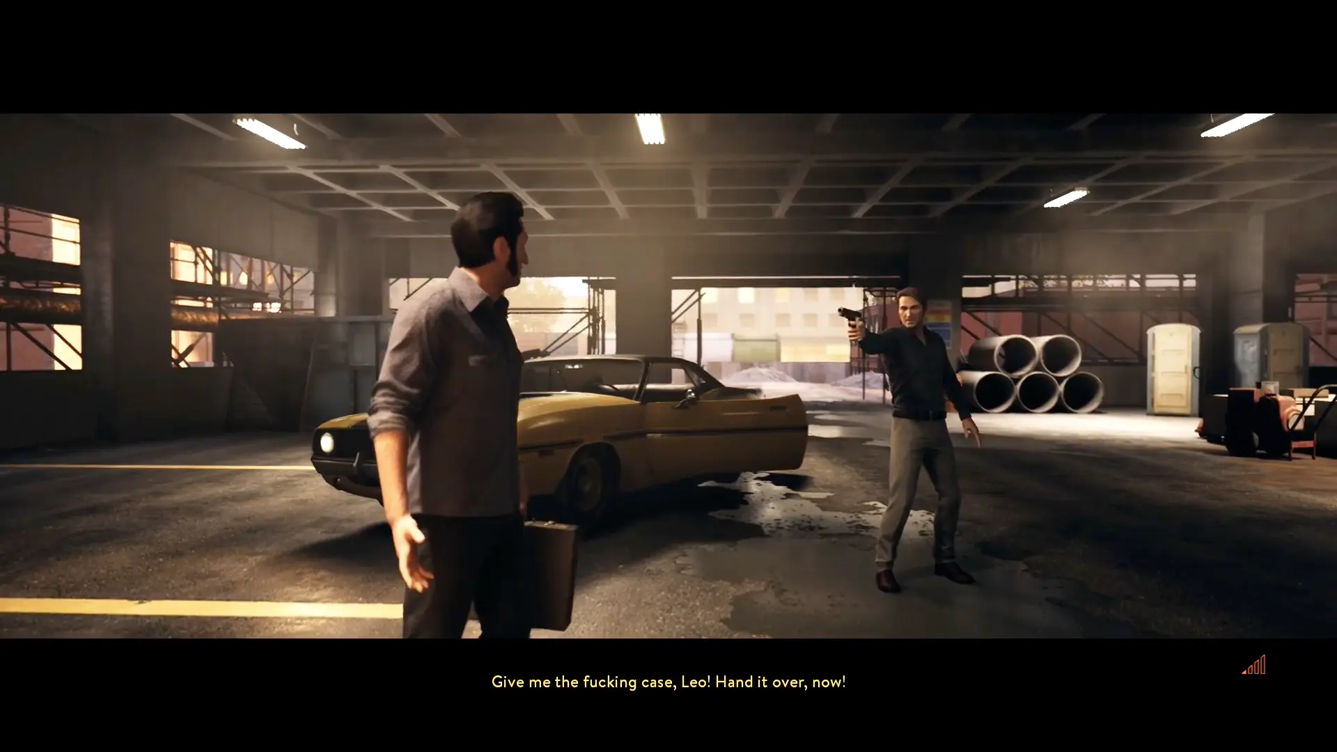 A flashback sequence showing the crime boss Harvey, bathed in neon lighting, holding a smoking gun.