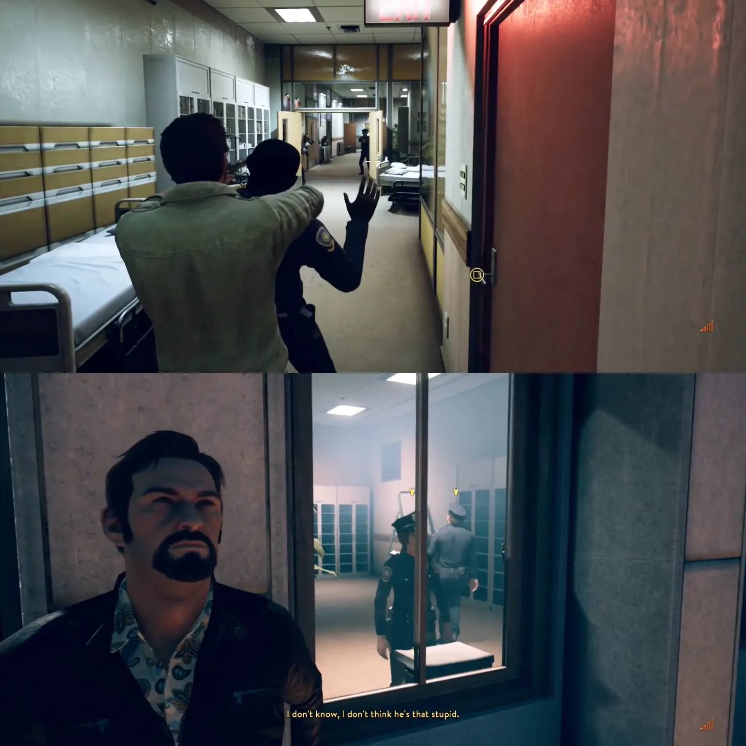 A frantic split-screen sequence showing Leo running from the police through a hospital ward while Vincent creates a blockade in the stairwell.