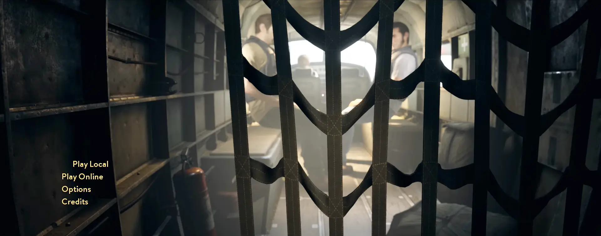 The main menu of A Way Out, featuring a stylized, fractured graphic of Leo and Vincent's faces.
