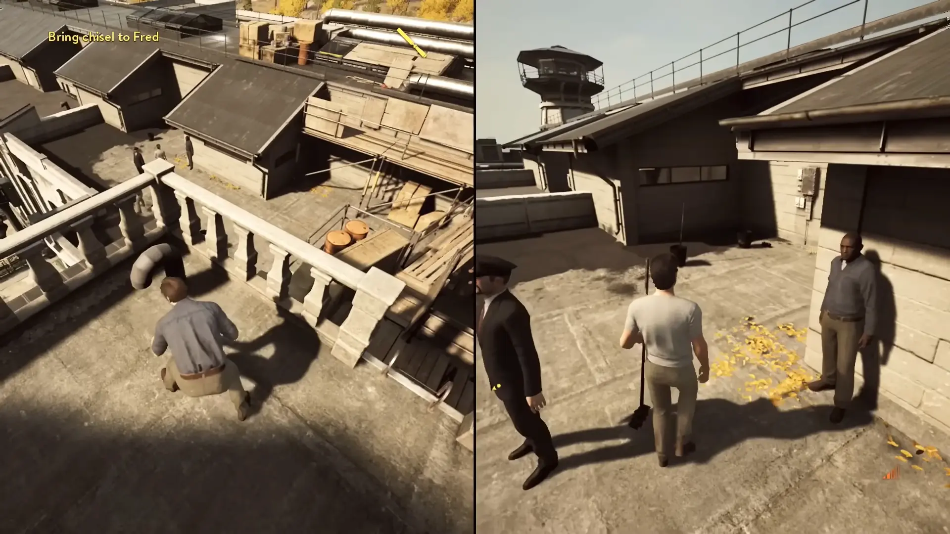 A wide shot of the prison yard, the screen split straight down the middle, showing Leo plotting on the right and Vincent observing a guard on the left.