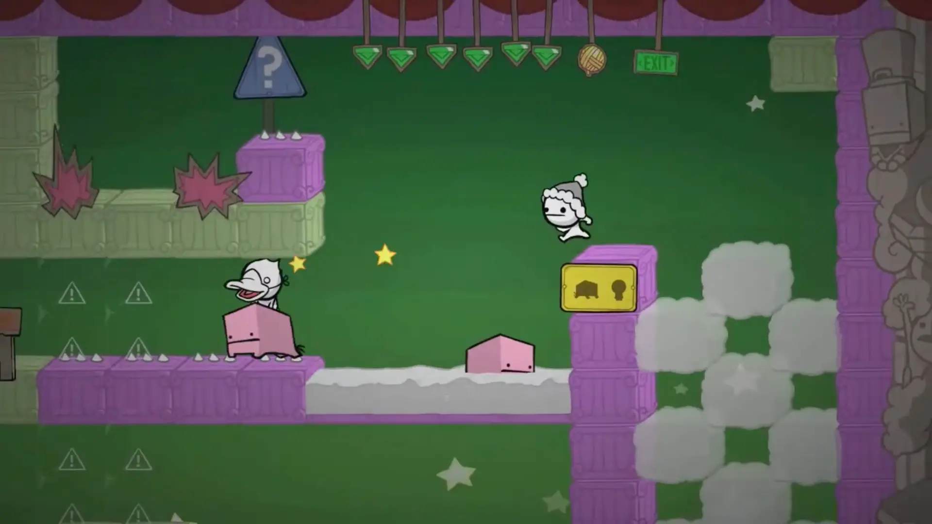 Four players fighting in an arena match, riding around on pigs and throwing dodgeballs at each other.