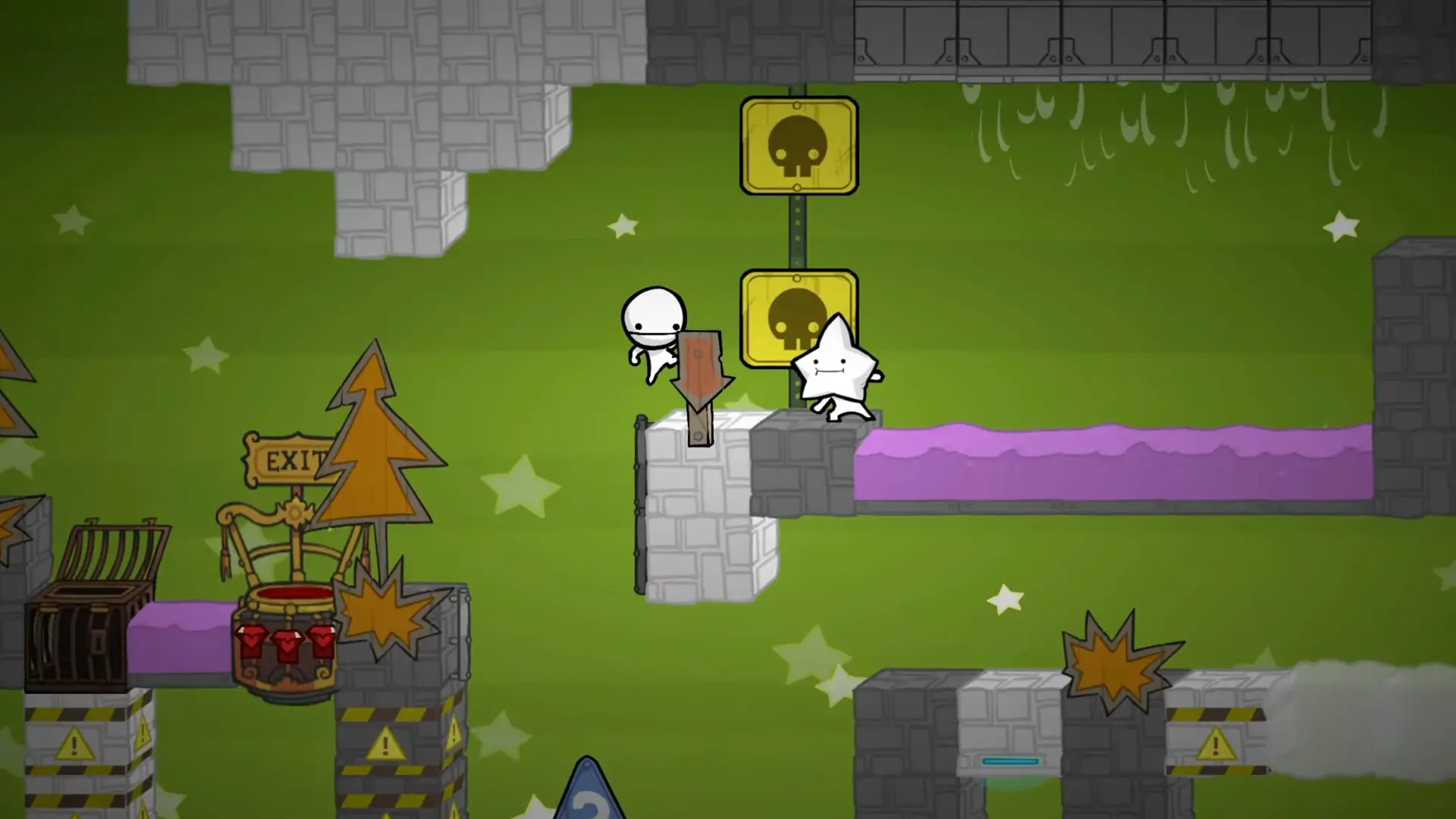 Two players in a co-op match, one player holding the other above their head preparing to toss them across a gap.