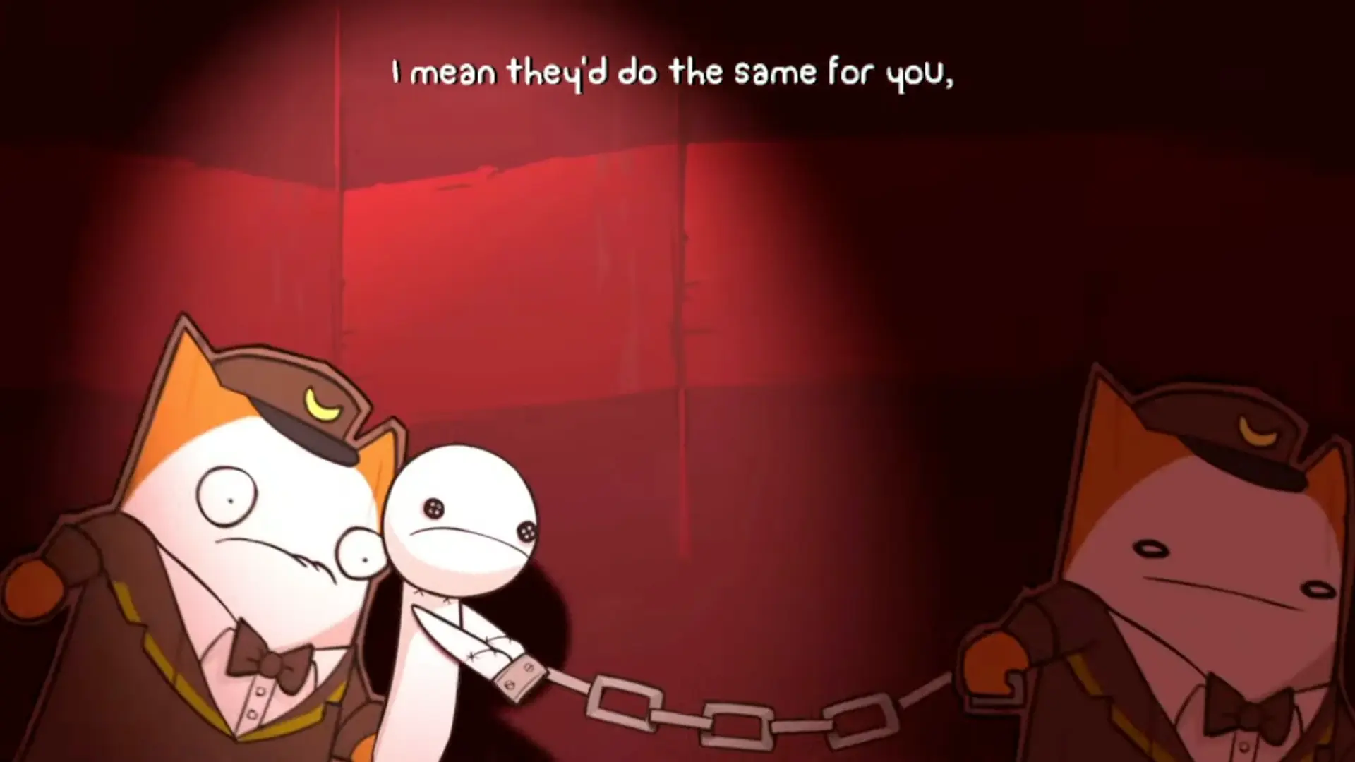 Two smug, boxy warden cats in security uniforms dragging a crying prisoner away.