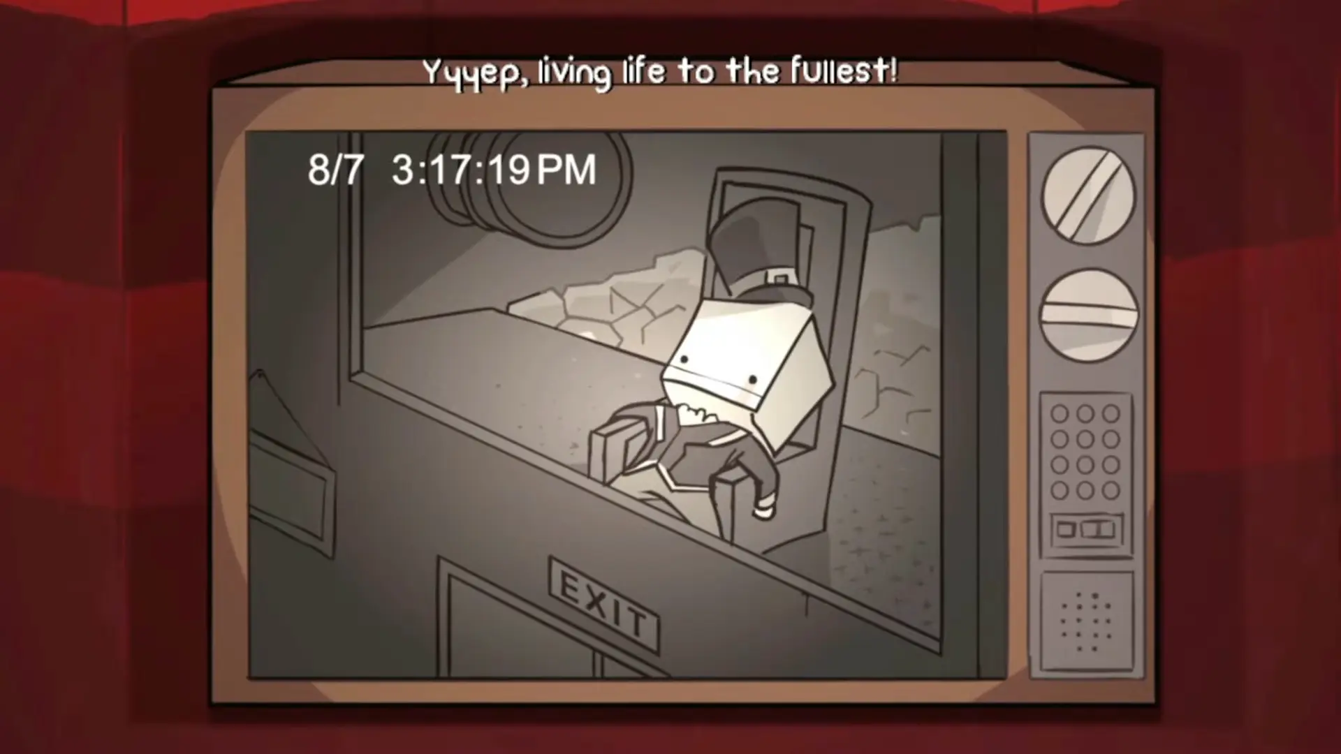 Hatty Hattington sitting rigidly in a theater booth, a menacing glowing red hat on his head, crying green tears.