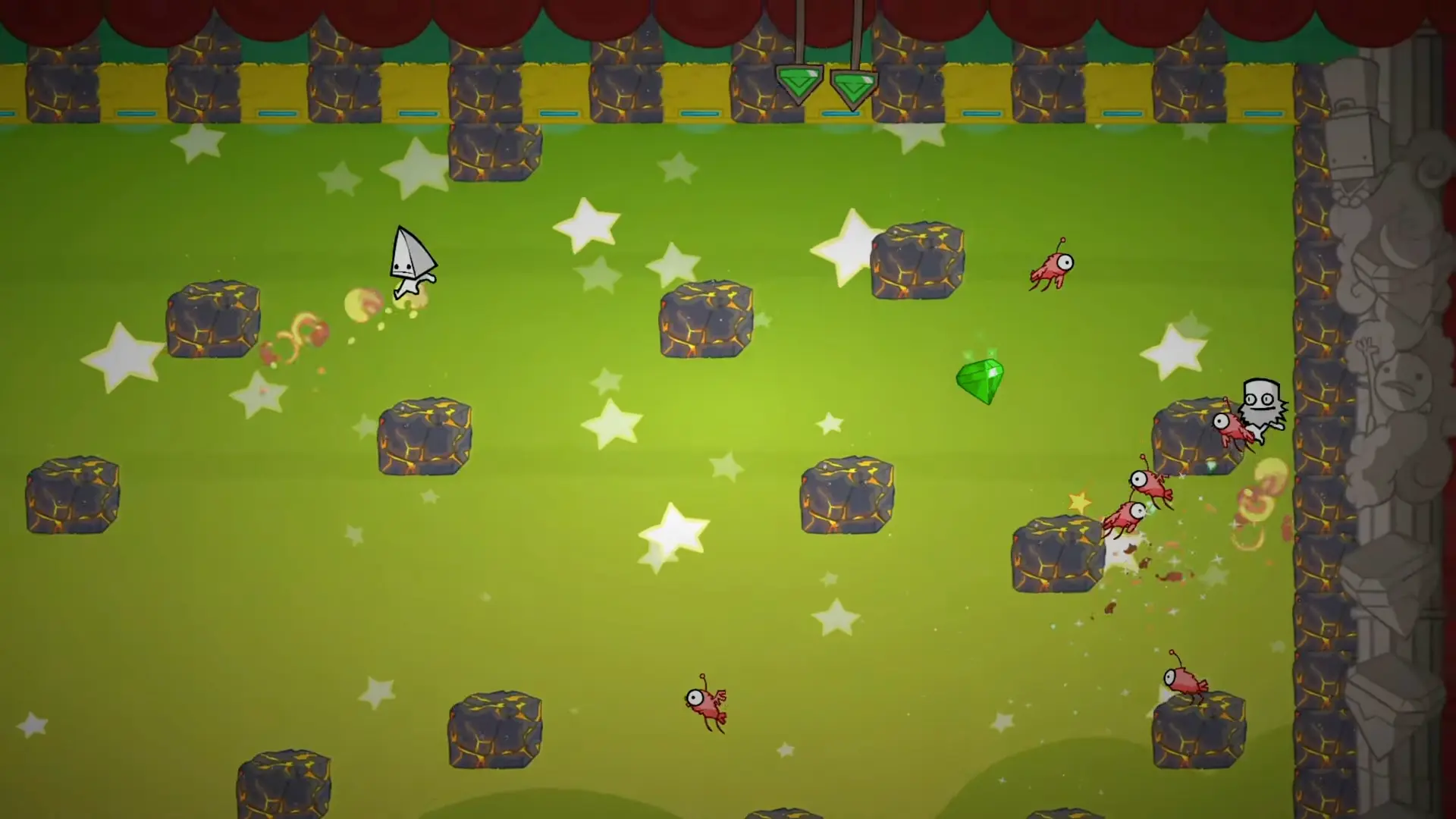 A trippy, golden-hued secret area filled with massive gems and bouncy blocks.