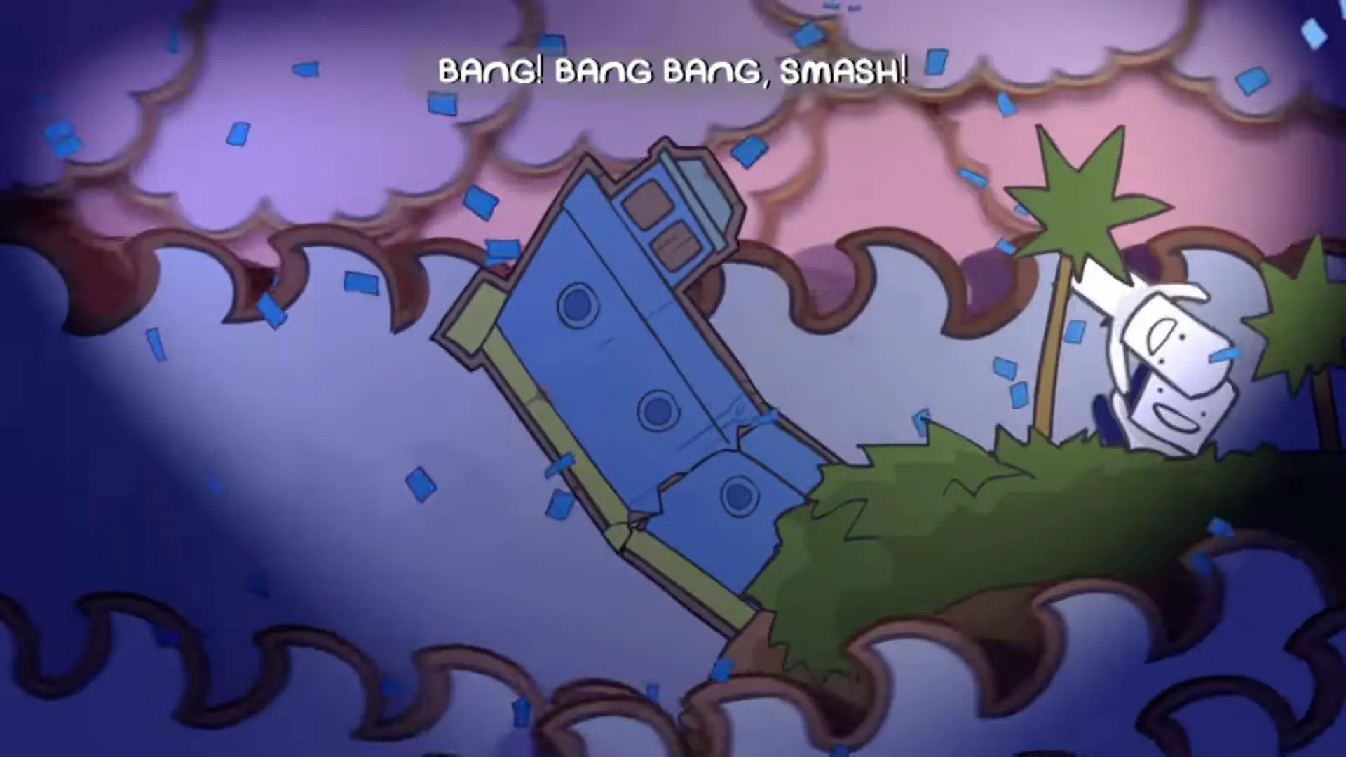 The S.S. Friendship crashing into the mysterious island amidst a raging, violently stylized storm.