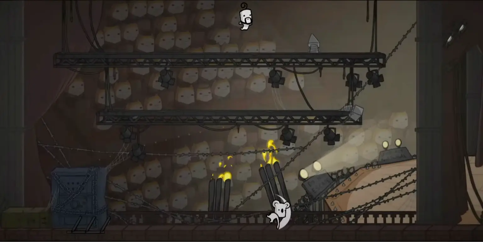 A wide shot of a level framed by theater curtains, with a crowd of silhouetted cats watching from the foreground.