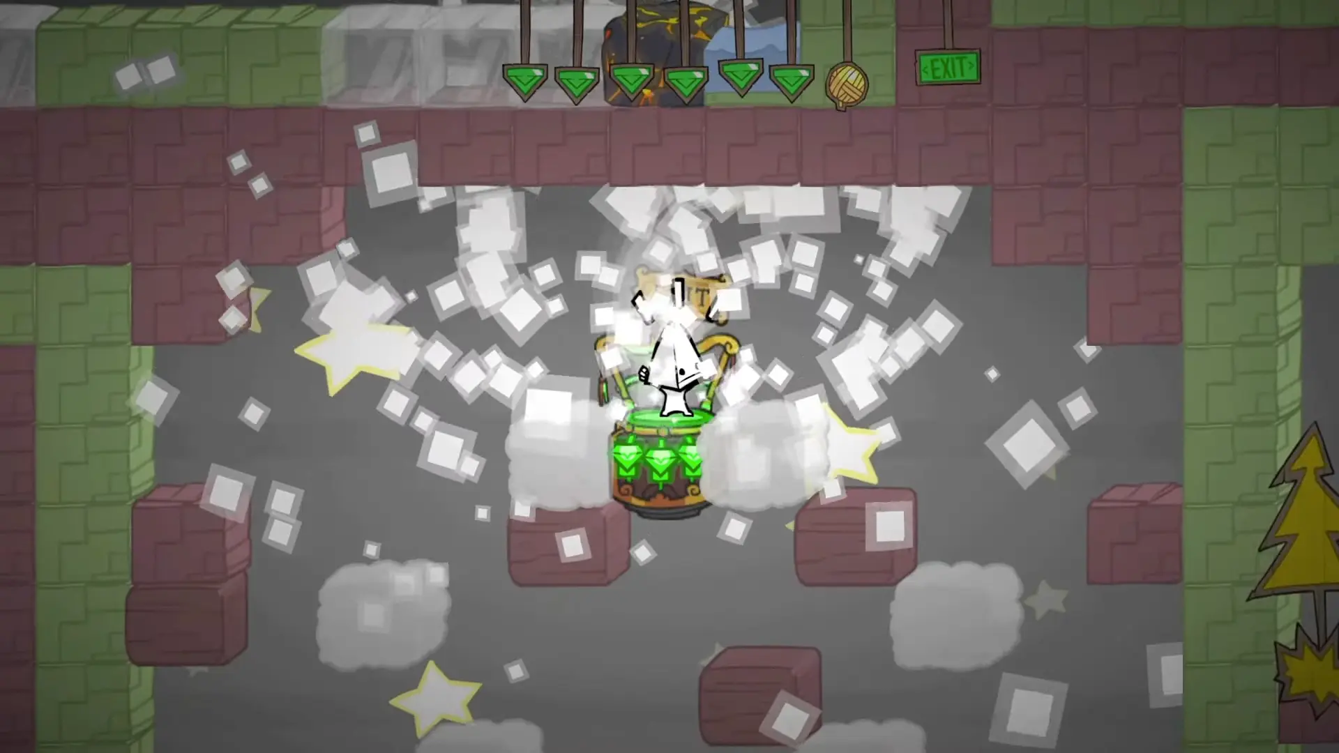 Two prisoners posing victoriously on an extraction teleporter, holding up their collected gems.