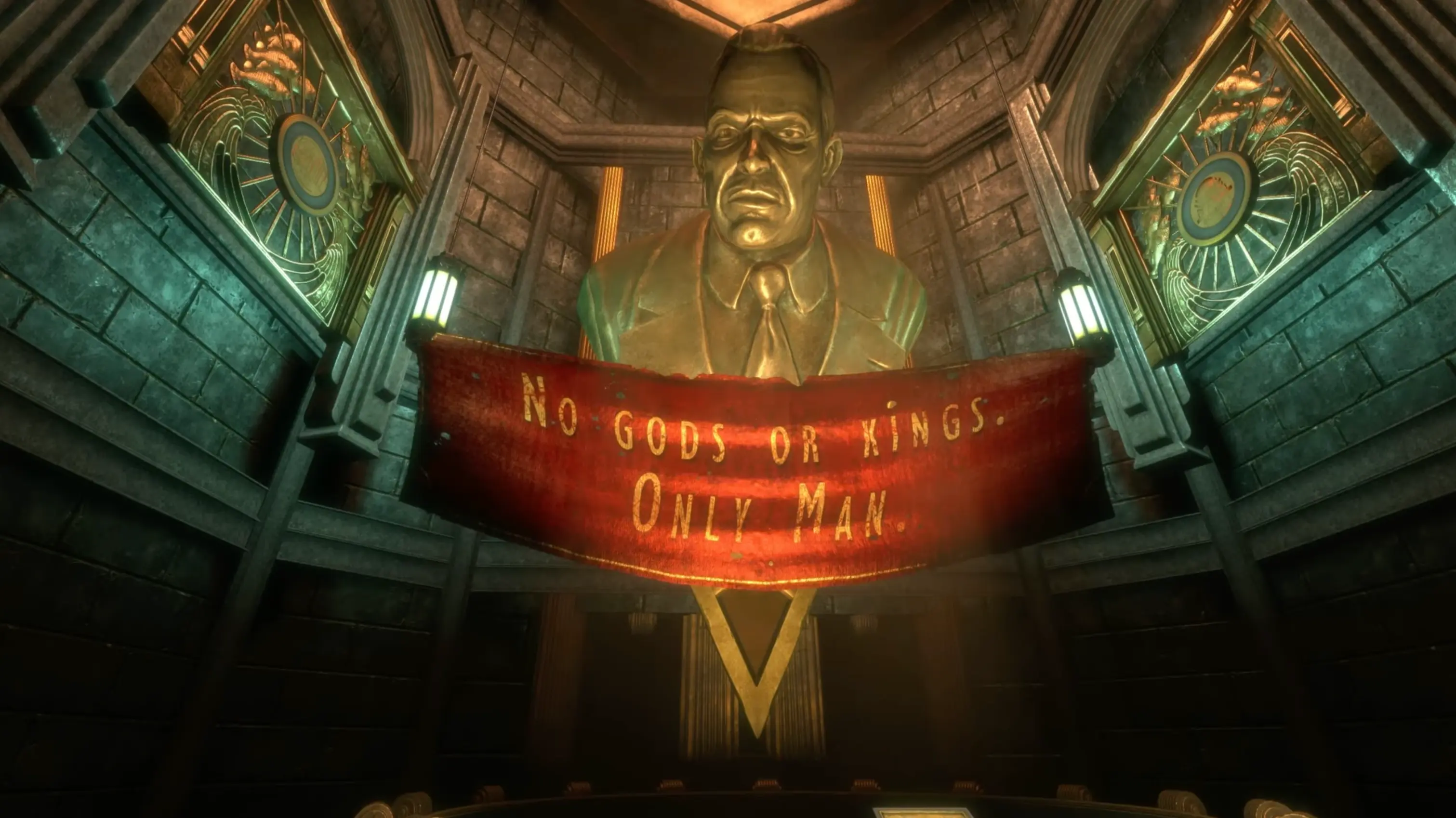 A massive, imposing banner of Andrew Ryan with the text 'No Gods or Kings. Only Man.' hanging in the bathysphere terminus.