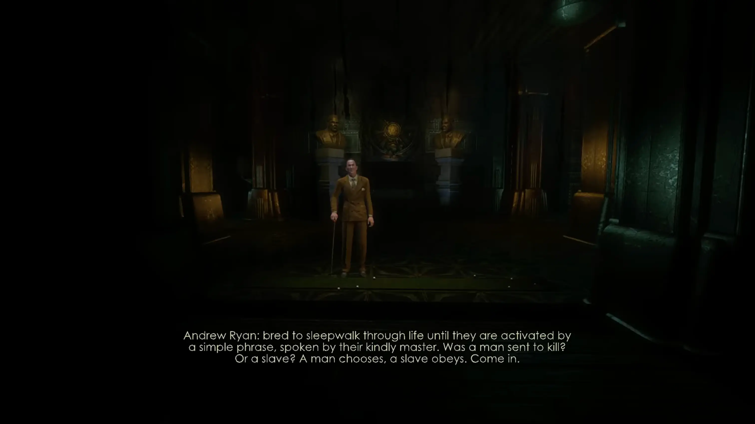 The intense, philosophical confrontation with Andrew Ryan in his office, highlighting the 'A man chooses, a slave obeys' speech.