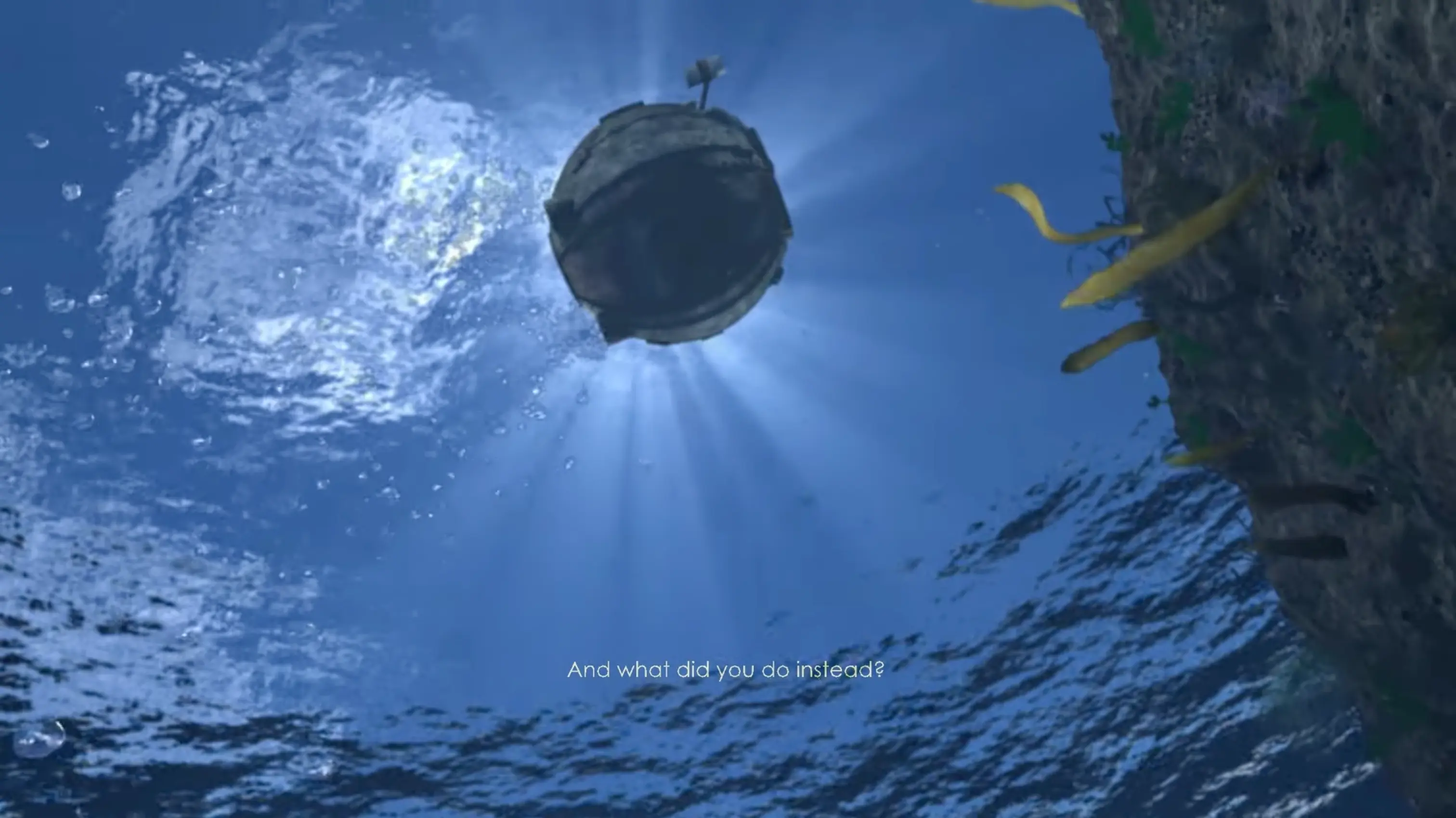A final, lingering look at the ruined beauty of Rapture as the bathysphere ascends back toward the surface.