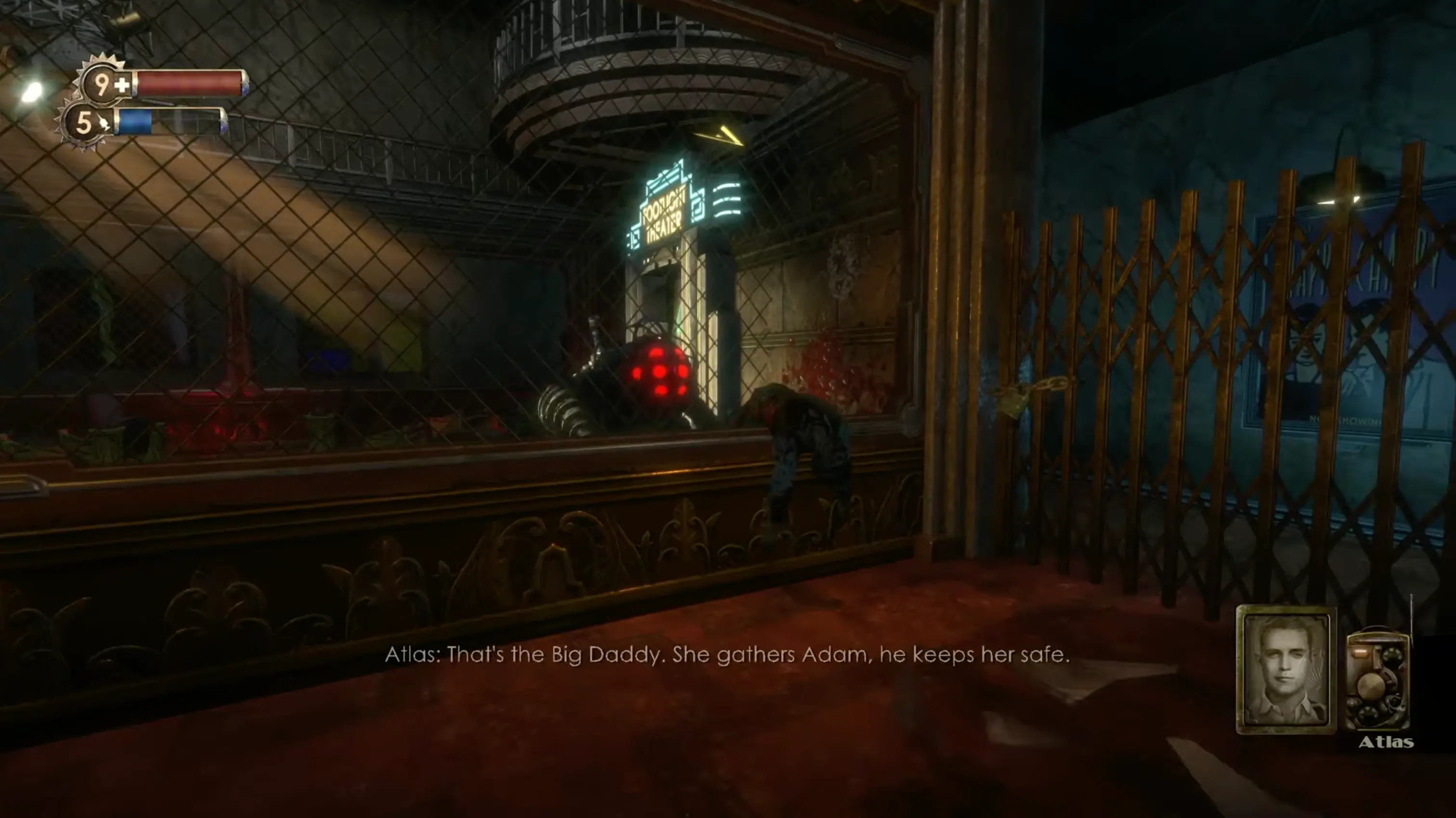 A terrifying Bouncer Big Daddy glowing with red, angry lights, charging at the player with its massive drill.