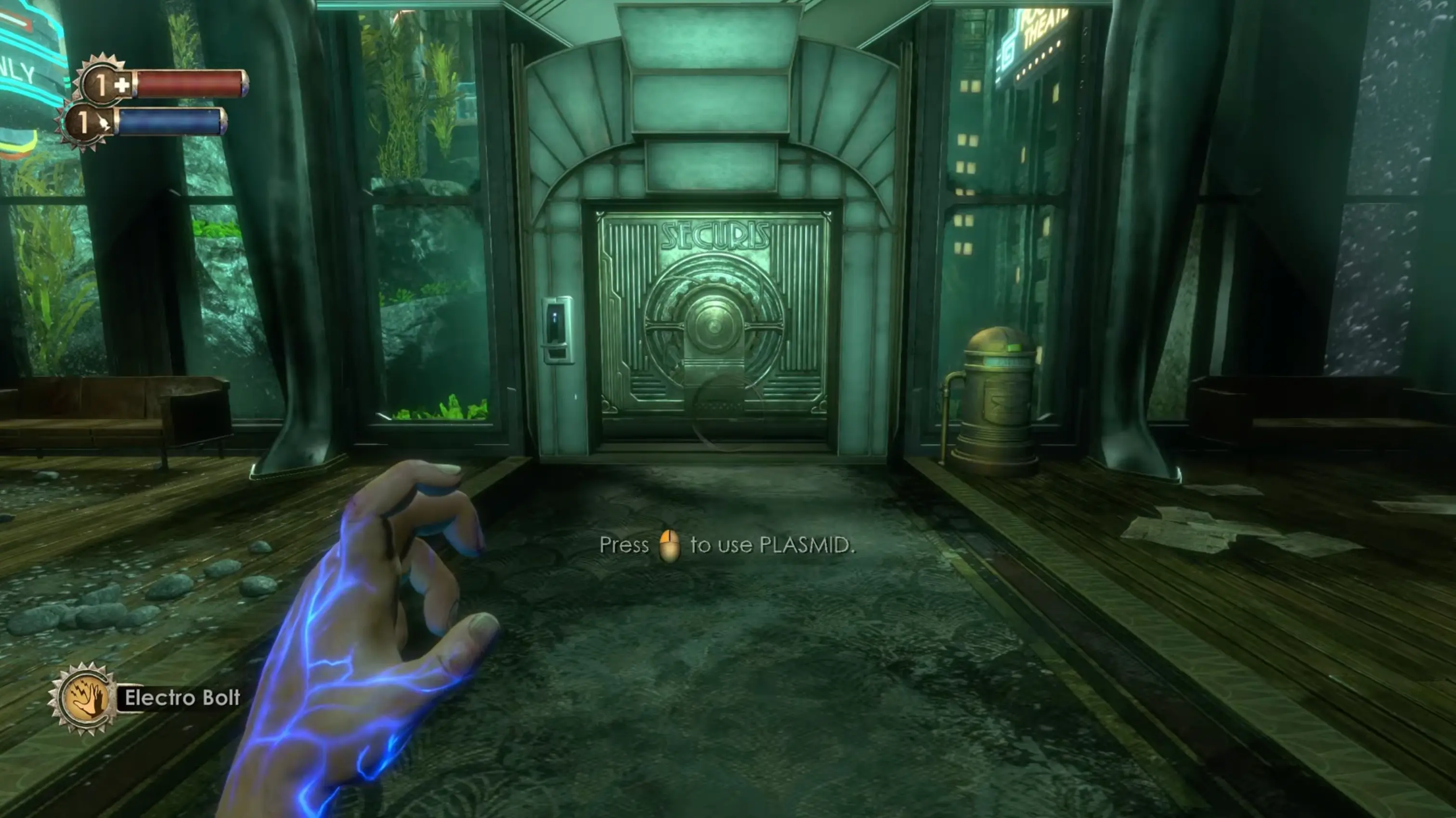 Jack's hand crackling with blue electricity as he prepares to fire the Electro Bolt plasmid at an approaching Splicer.