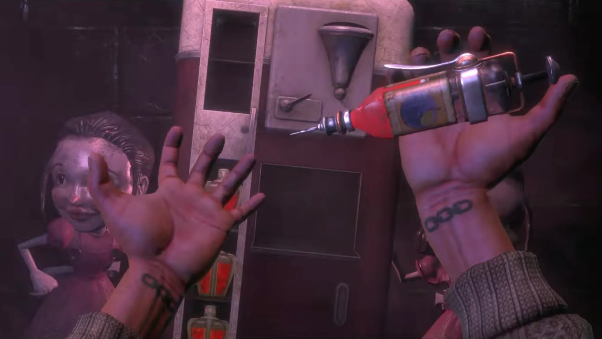 A first-person view of Jack's wrists, displaying the mysterious chain tattoos that symbolize his lack of freedom.