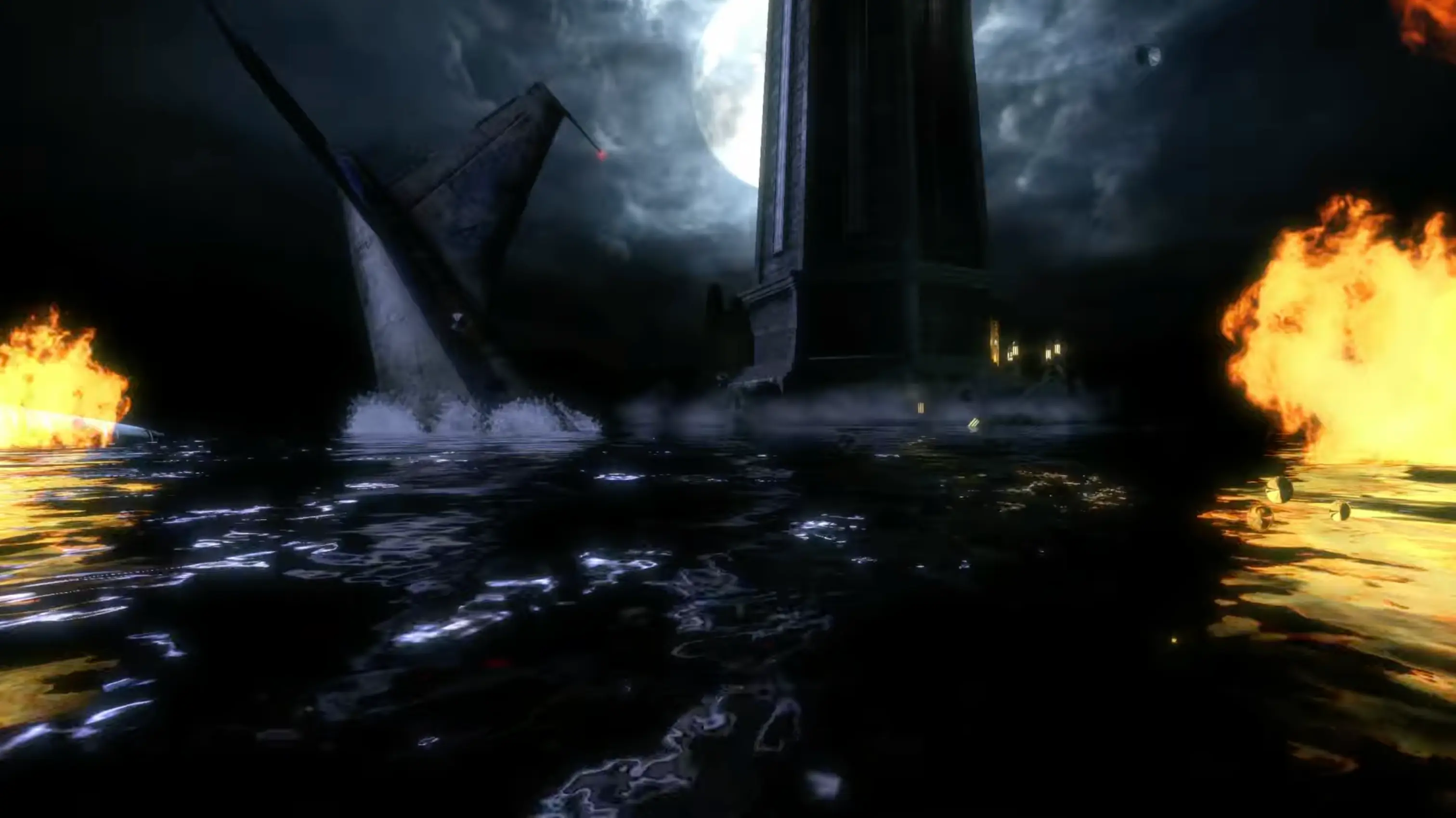 The burning plane wreckage floating in the dark ocean water, with the ominous stone lighthouse towering in the distance.