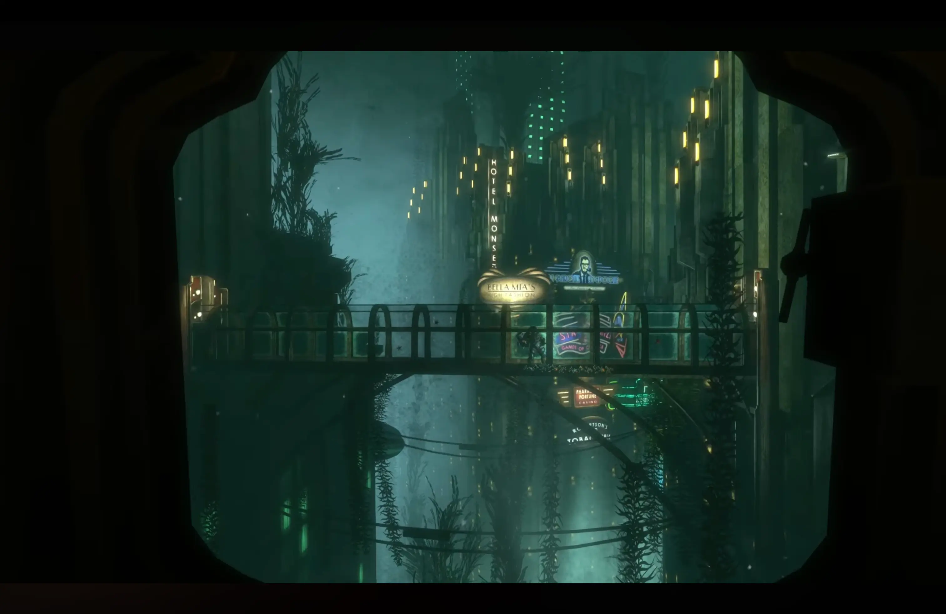 The breathtaking first view of Rapture through the bathysphere window, glowing with neon lights among the deep sea trenches.