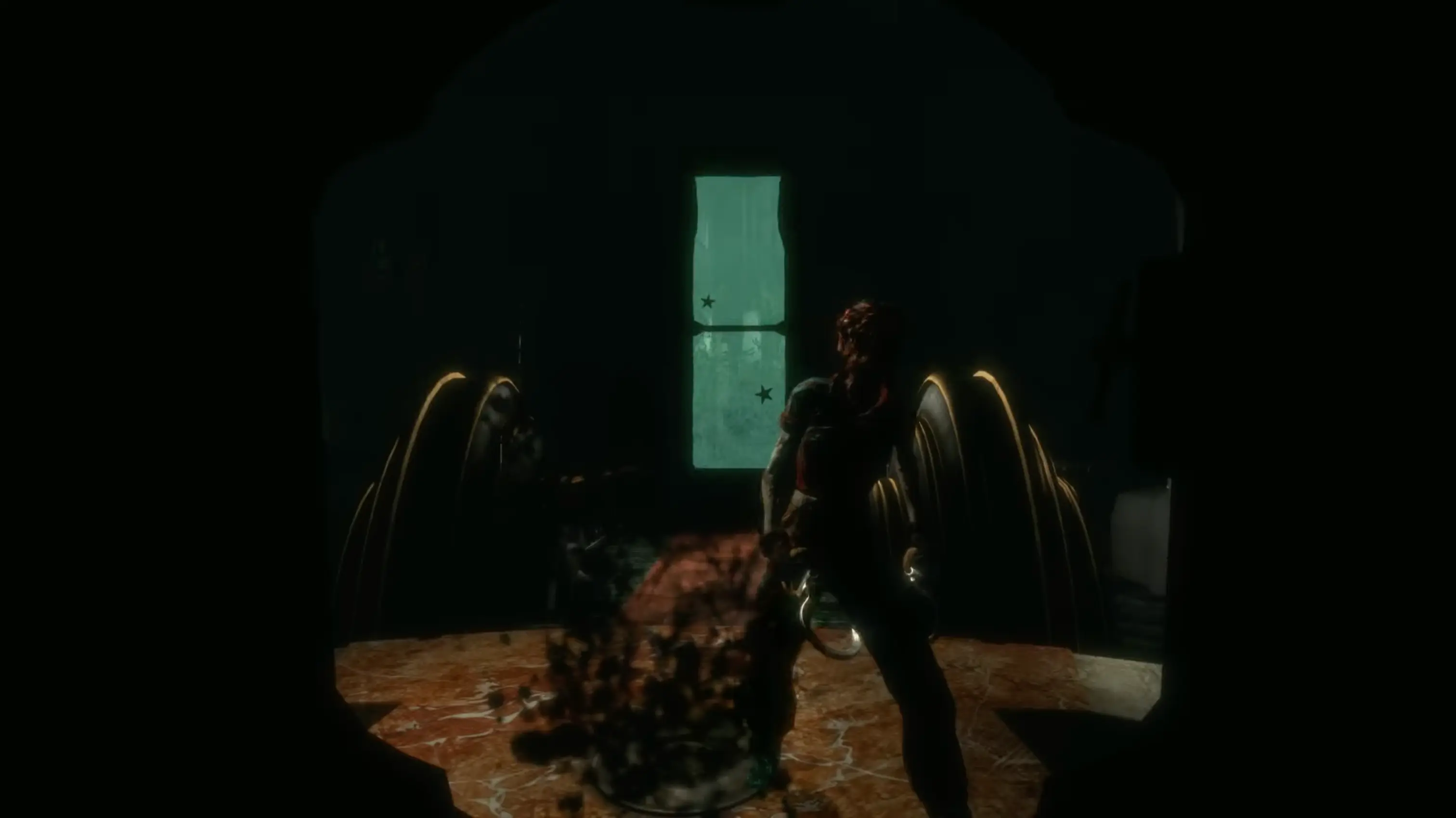 The terrifying silhouette of a mutated Splicer holding a pair of hooks, projected against a wall by a flickering light.