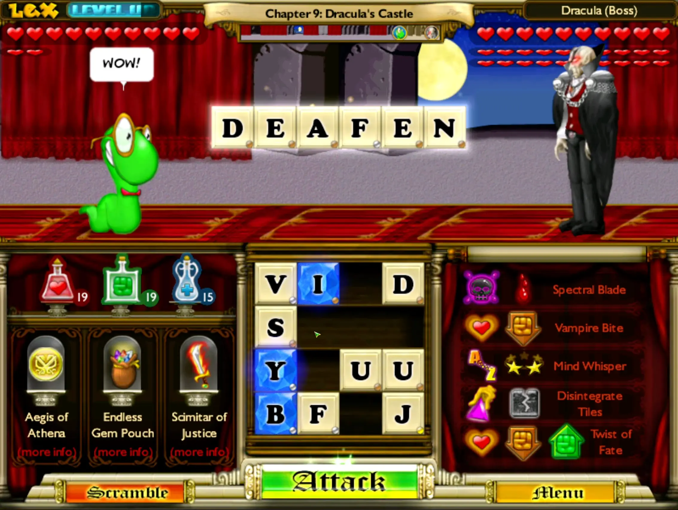 A tense boss fight against Dracula, showing Lex's health dangerously low while the player prepares to unleash a Diamond-powered word.