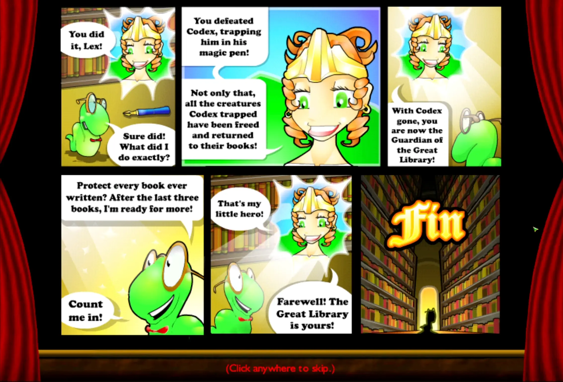 A dialogue cutscene featuring Lex the Bookworm speaking to the captive Oracle Cassandra in the Great Library.