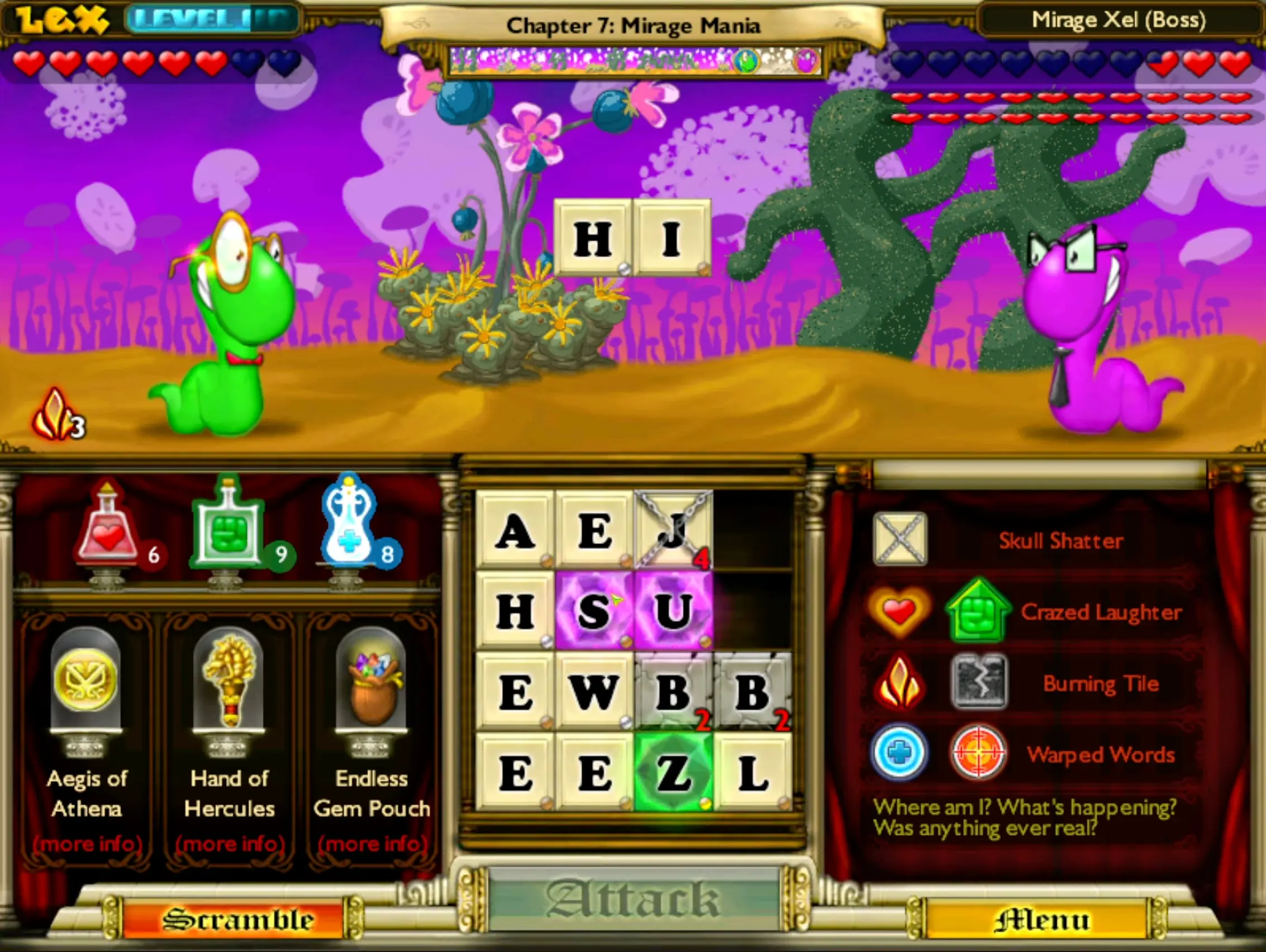 A terrifying board state showing multiple letter tiles wrapped in heavy iron chains and dripping with green poison.
