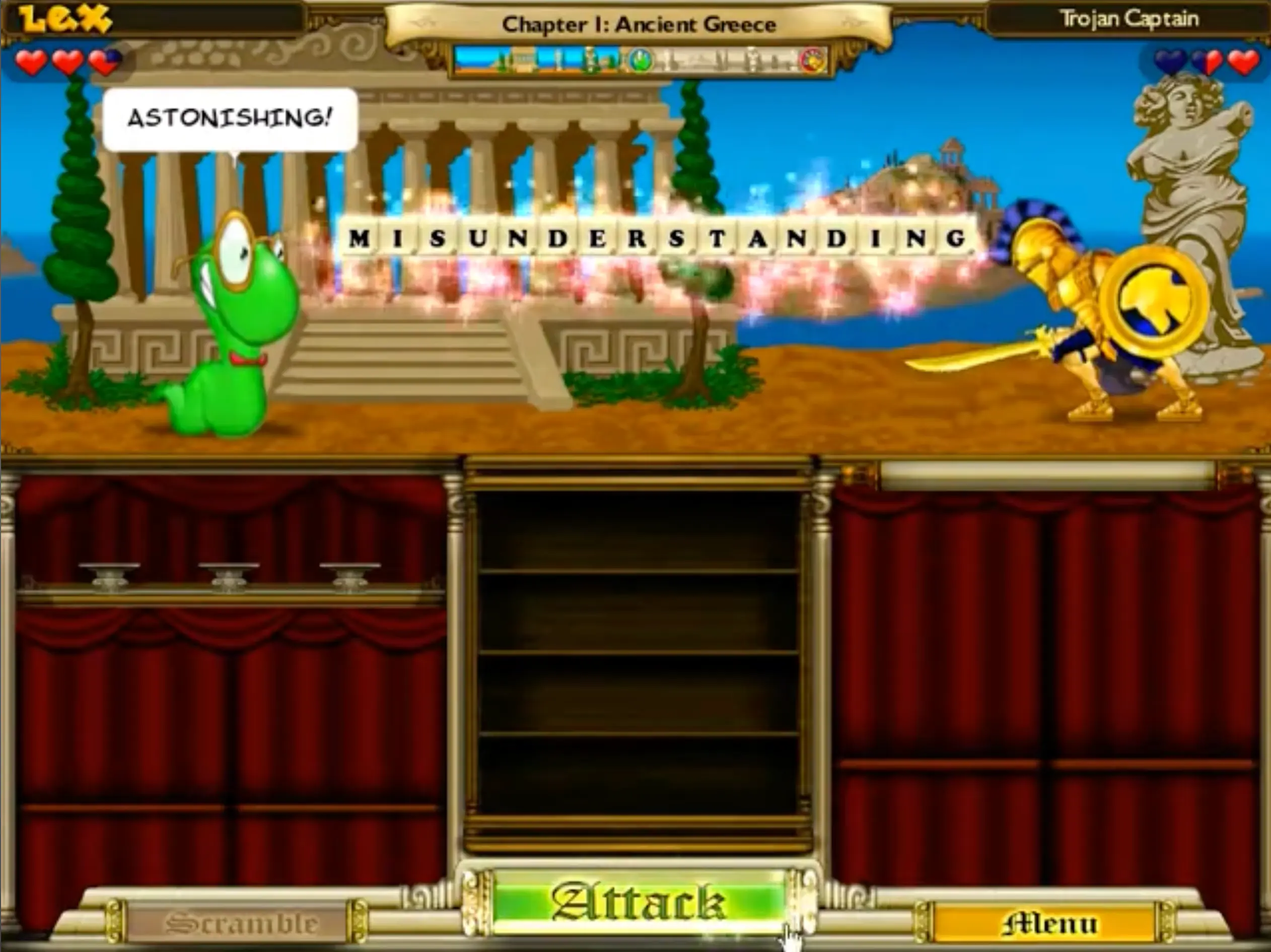 The game interface showing the player successfully spelling a massive 10-letter word, with damage multipliers glowing on the screen.