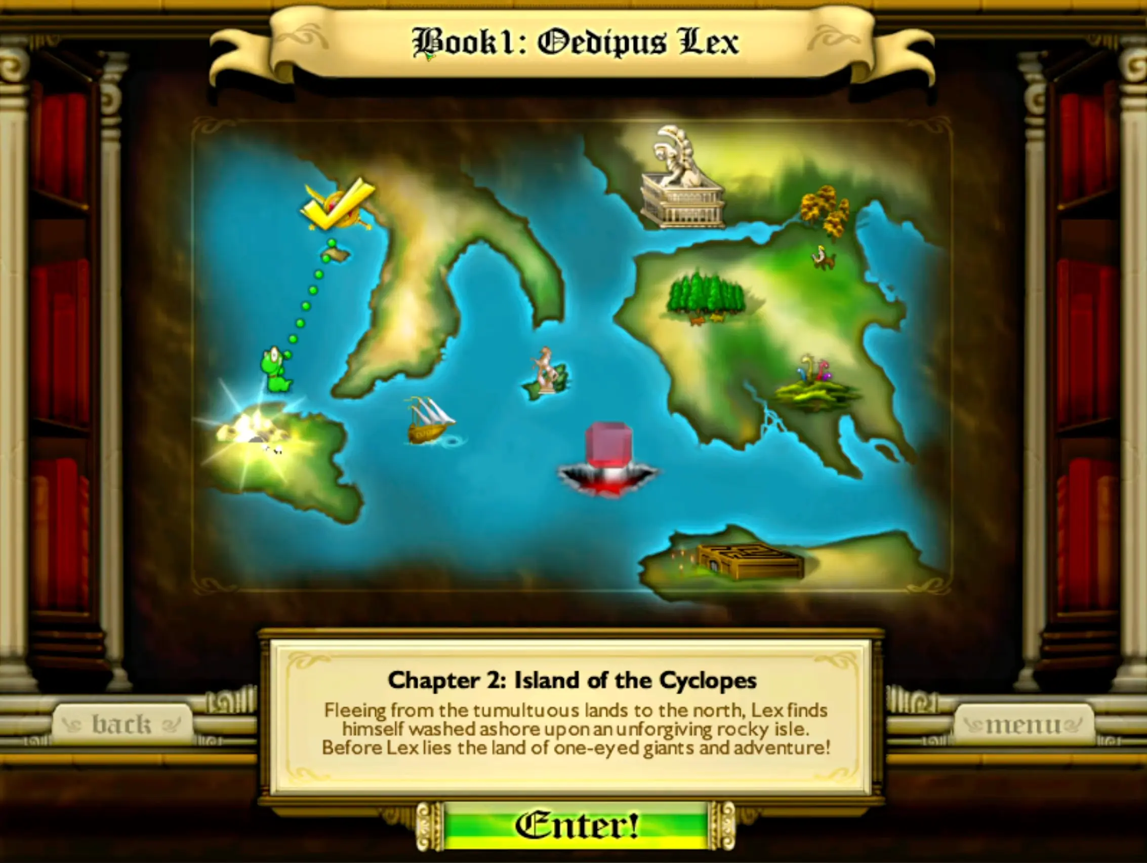 The overworld map of Book 1, showing Lex's path winding through various ancient Greek temples and mythic battlegrounds.