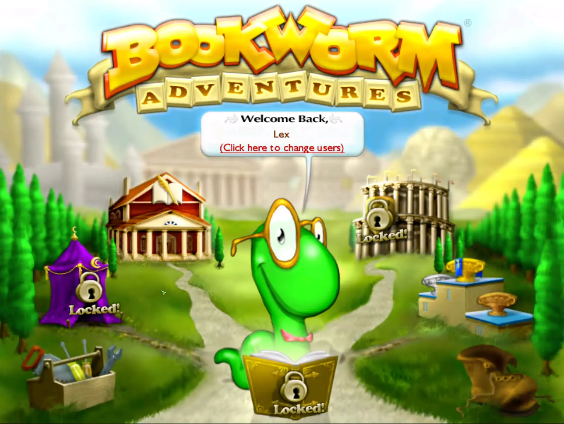 The classic main menu title screen of Bookworm Adventures, inviting the player to start a new literary crusade.