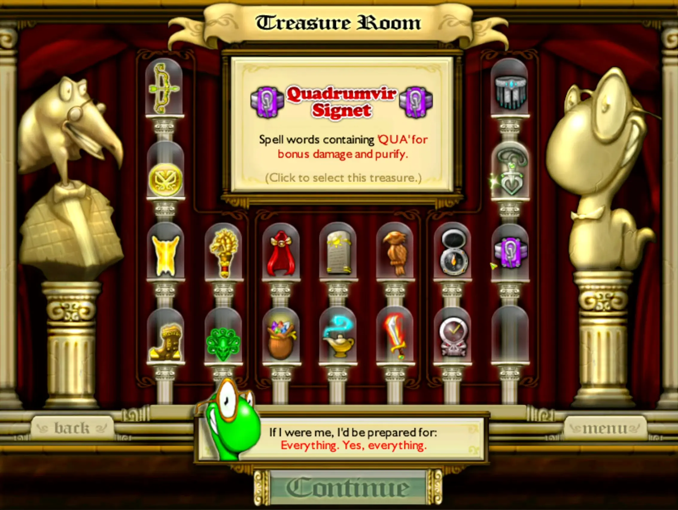 The RPG inventory screen where players can equip Lex with various magical items, weapons, and armor gathered from defeated bosses.
