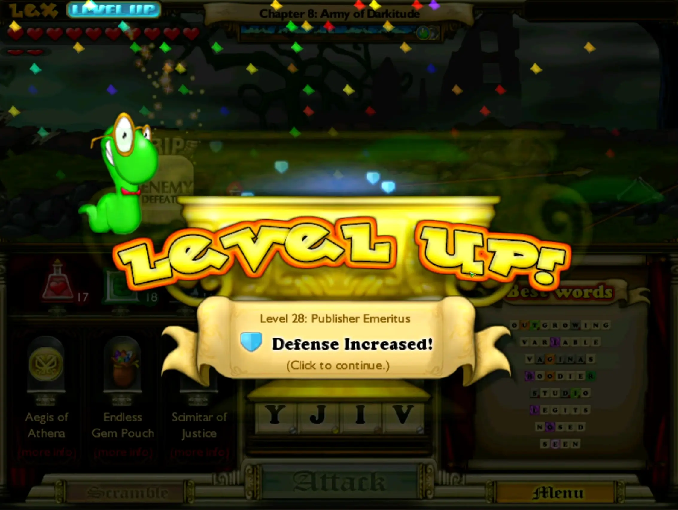 The glorious victory screen showing Lex cheering amidst a shower of confetti and gold coins.