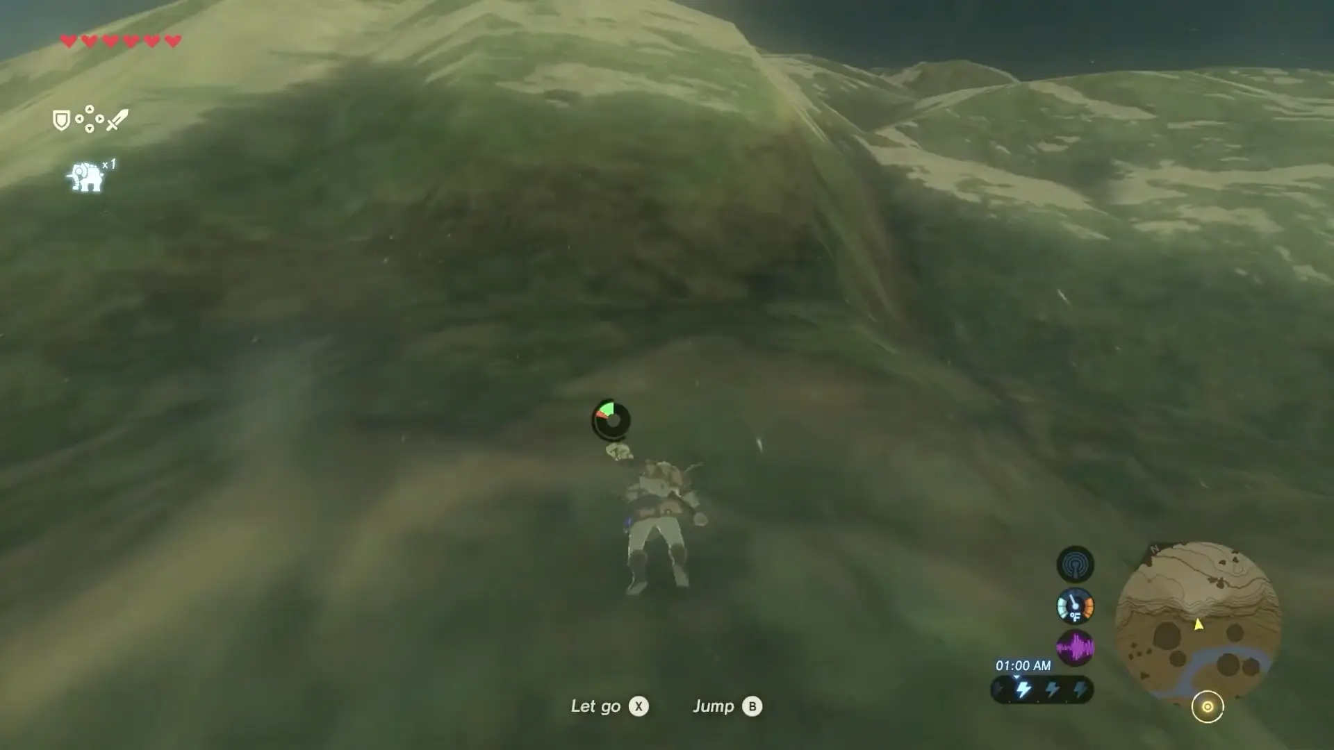 Link clinging to the side of a massive, rain-slicked cliff face, his stamina wheel flashing red as he nears the top.