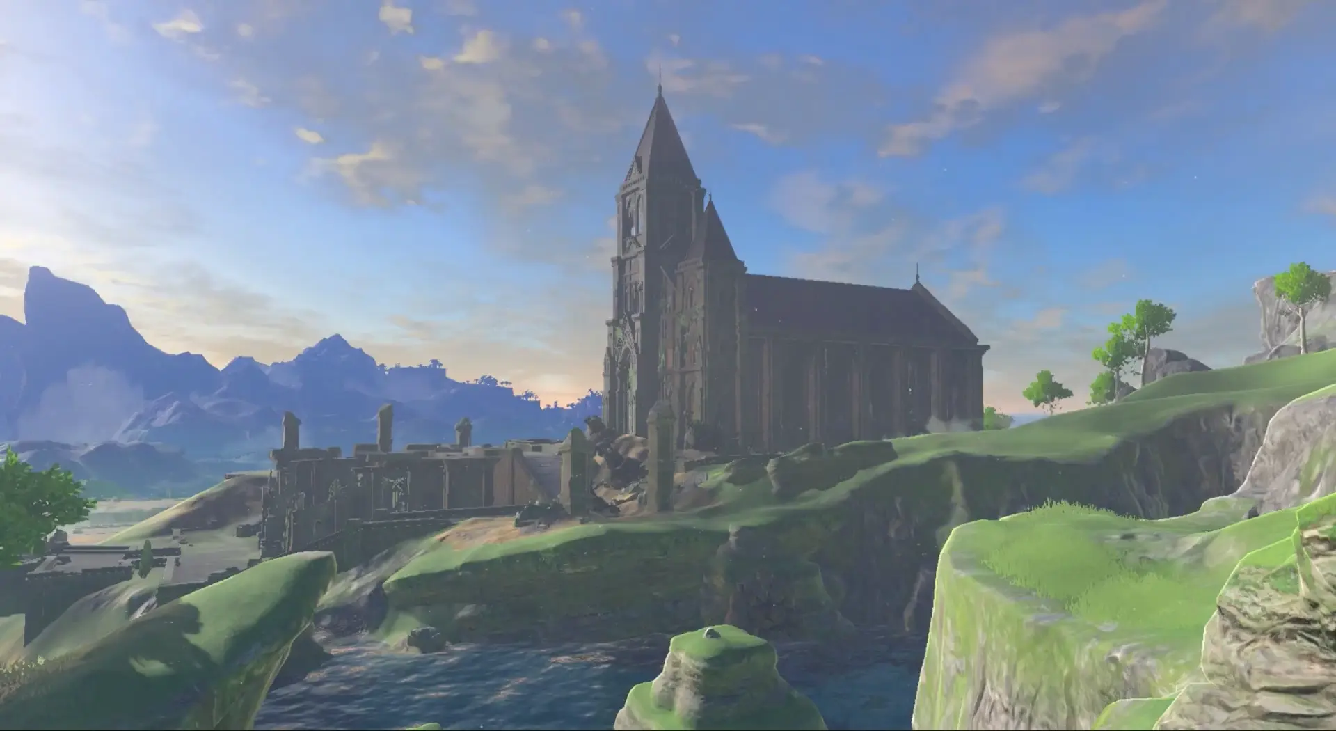 The moss-covered, decaying stone walls of the Temple of Time, bathed in golden hour light with rusted Guardians scattered out front.