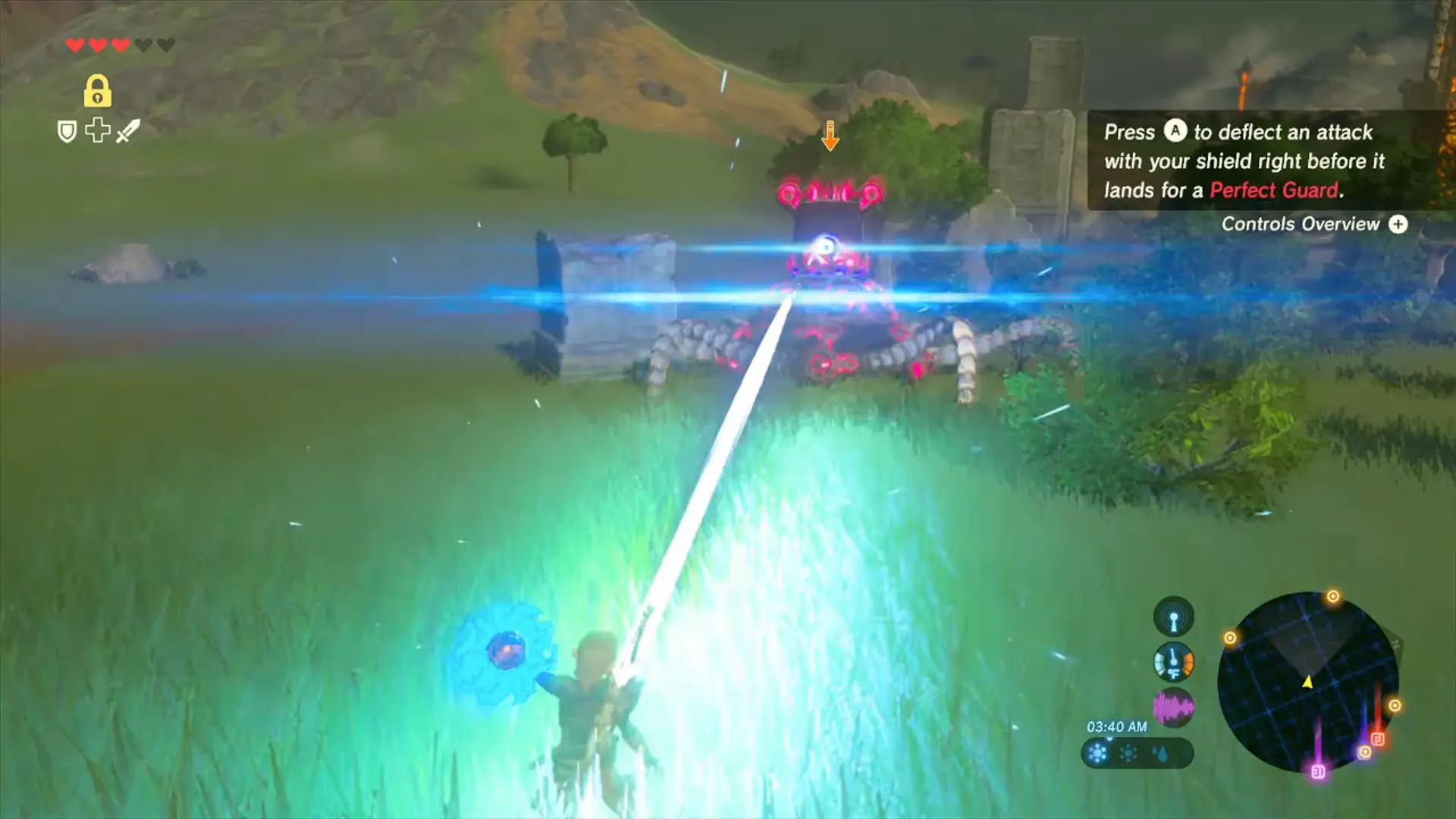 A Guardian Stalker locking its red targeting laser onto Link, its mechanical legs creeping over ancient rubble.