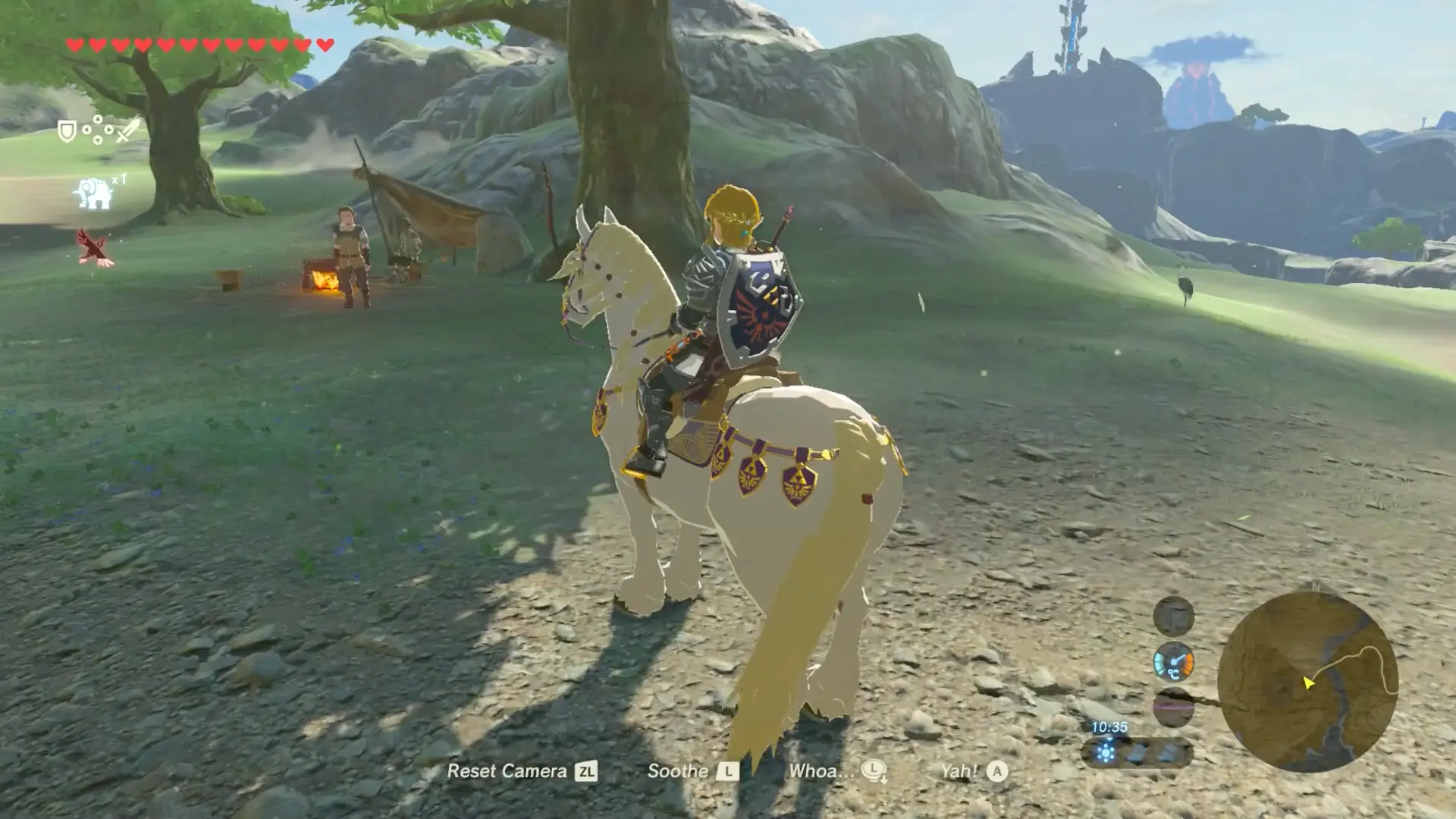 A horse at the stable in the morning with link riding it.