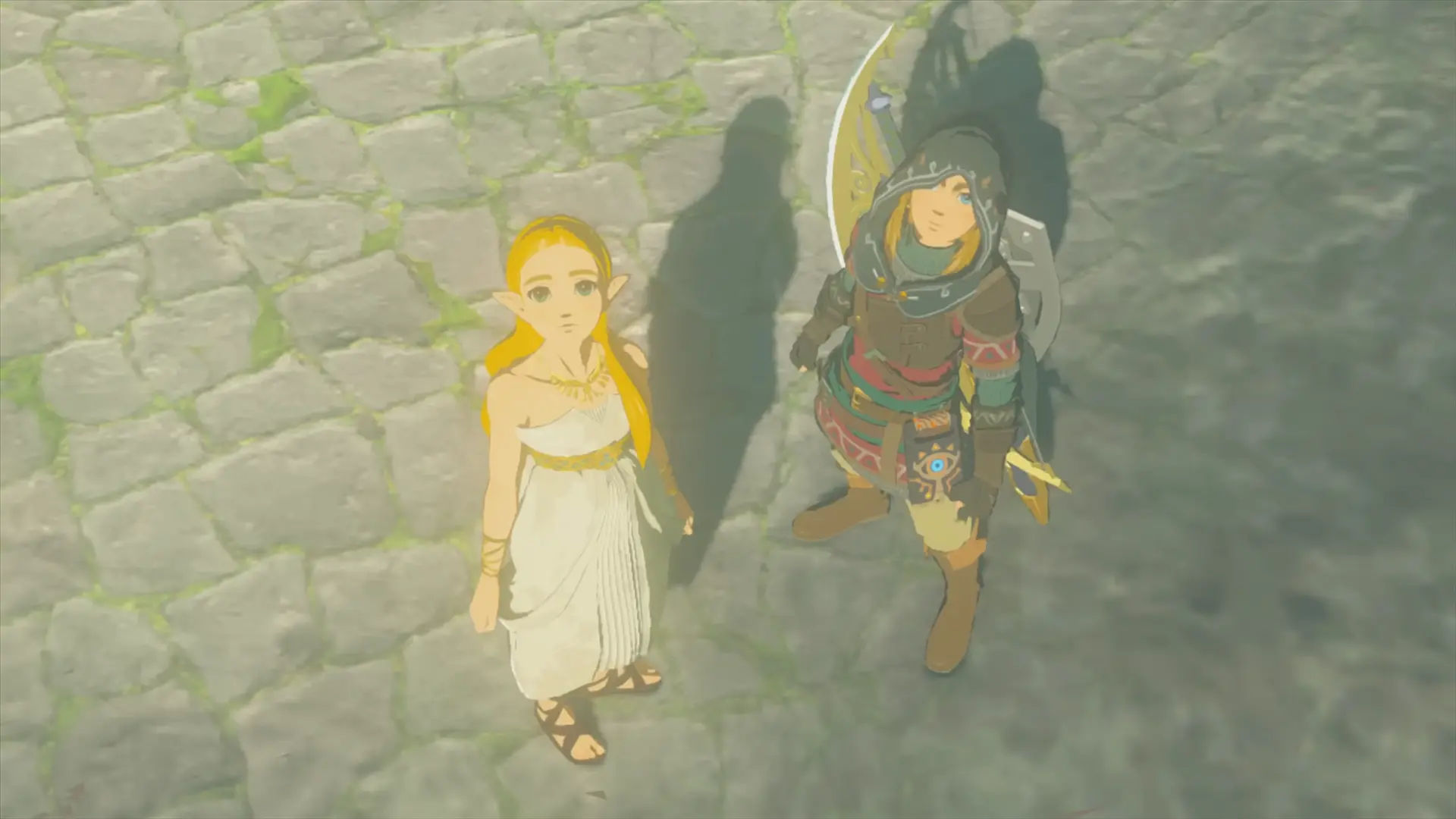 Zelda and Link watching looking at the hyrule castle.