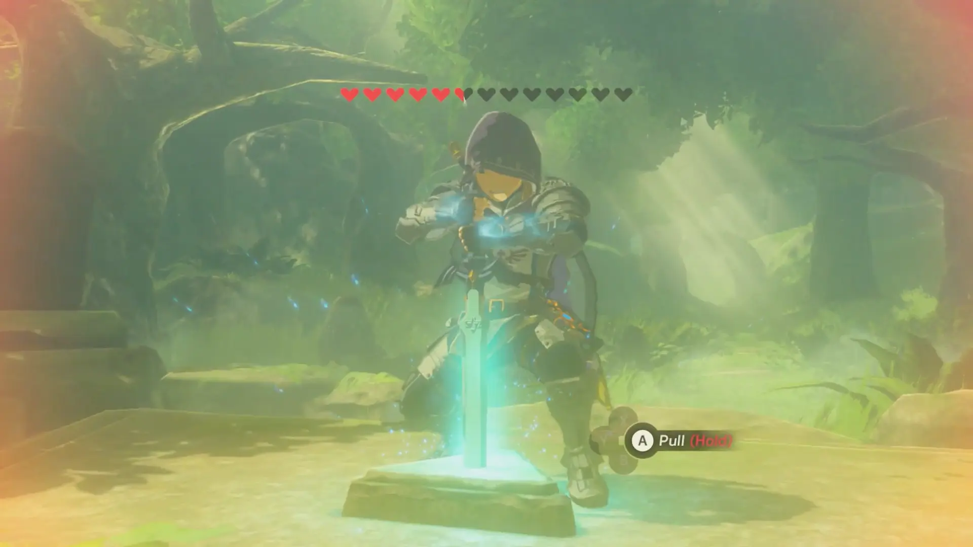 The legendary Master Sword resting in its stone pedestal in the heart of the Korok Forest, shafts of light piercing through the canopy.
