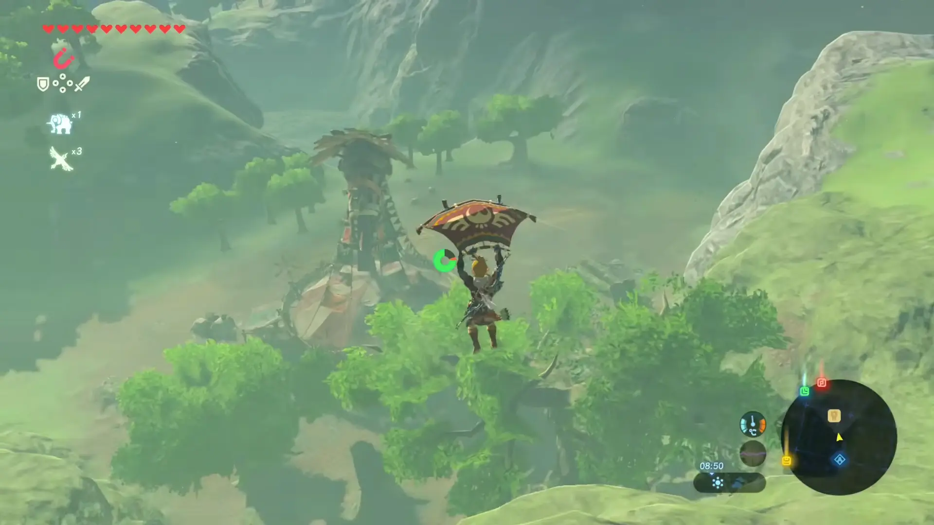 Link soaring gracefully on his paraglider over a dense forest canopy, the sky ablaze with vibrant orange and purple sunset hues.