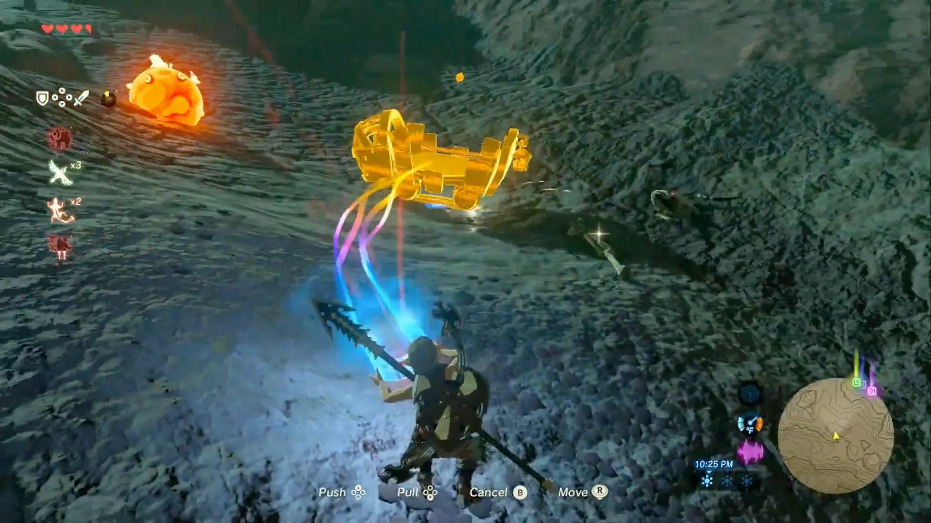 Link using a metallic Magnesis block to block a Guardian's laser beam mid-combat in an open field.