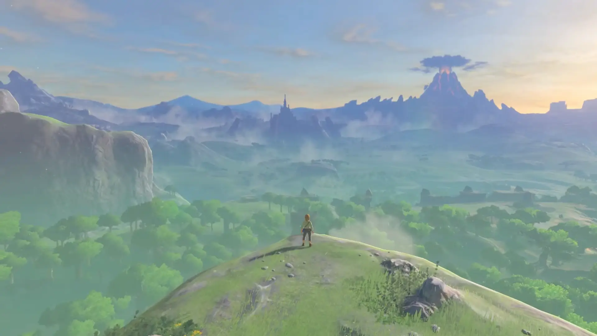 Link looking out over the expansive, sunlit kingdom of Hyrule for the very first time after exiting the Shrine of Resurrection.