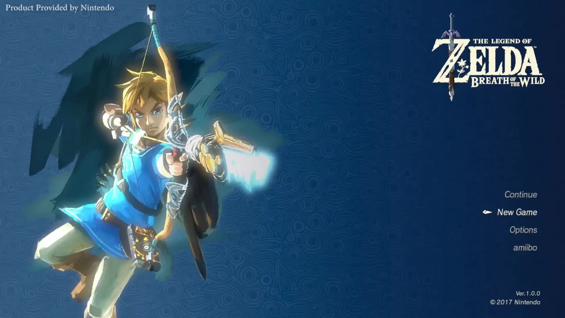 The iconic, minimalist title screen showing the lone 'Z' sword logo overlaid on a sprawling, painted landscape of Hyrule.