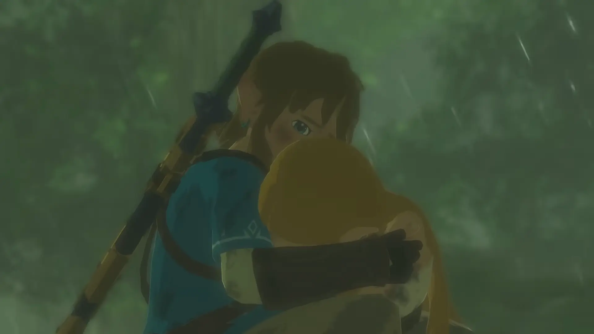 A heartbreaking memory showing a mud-stained, tearful Princess Zelda collapsing into Link's arms under a torrential downpour.