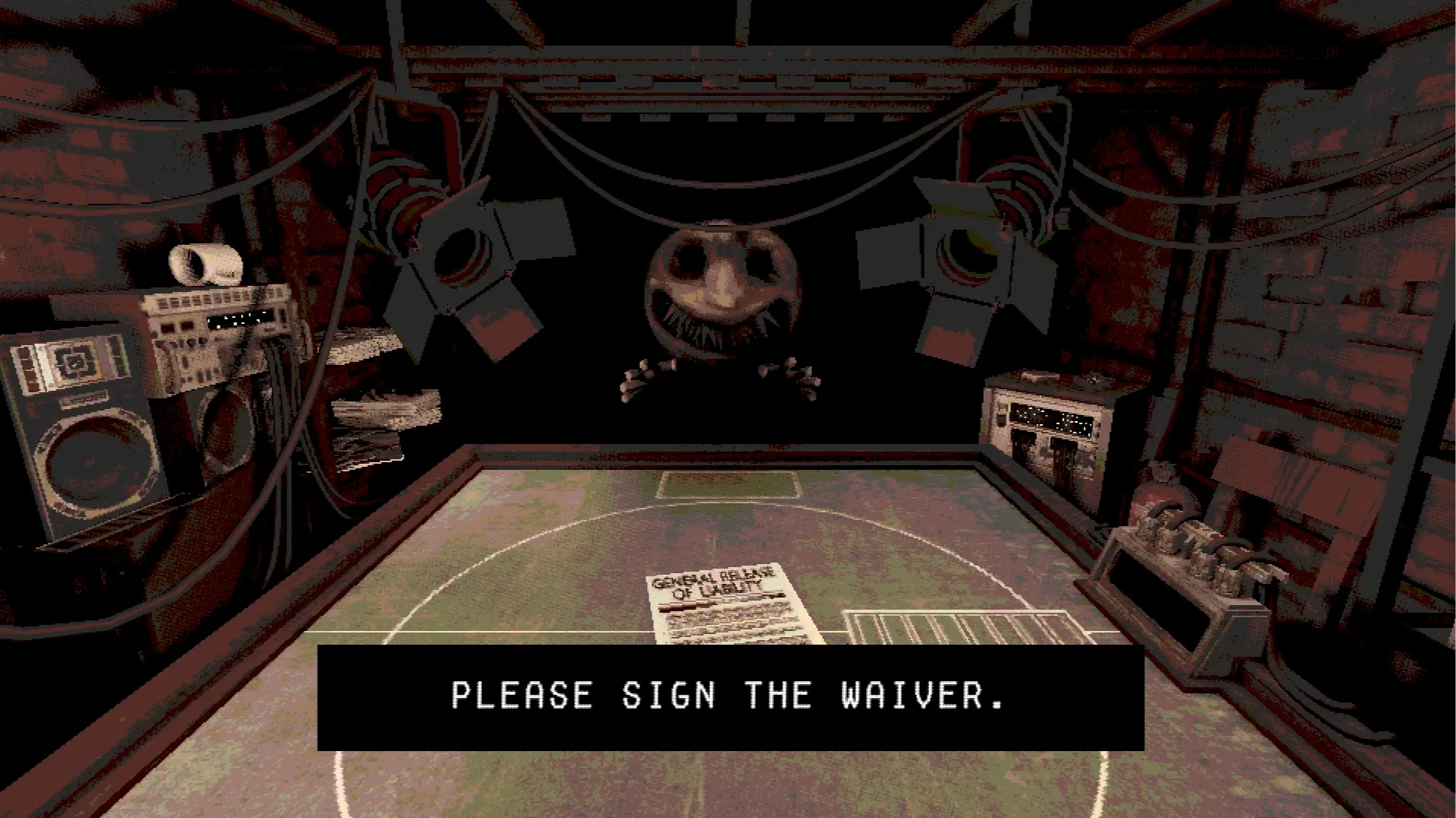 The protagonist signing the deadly waiver at the start of the game.