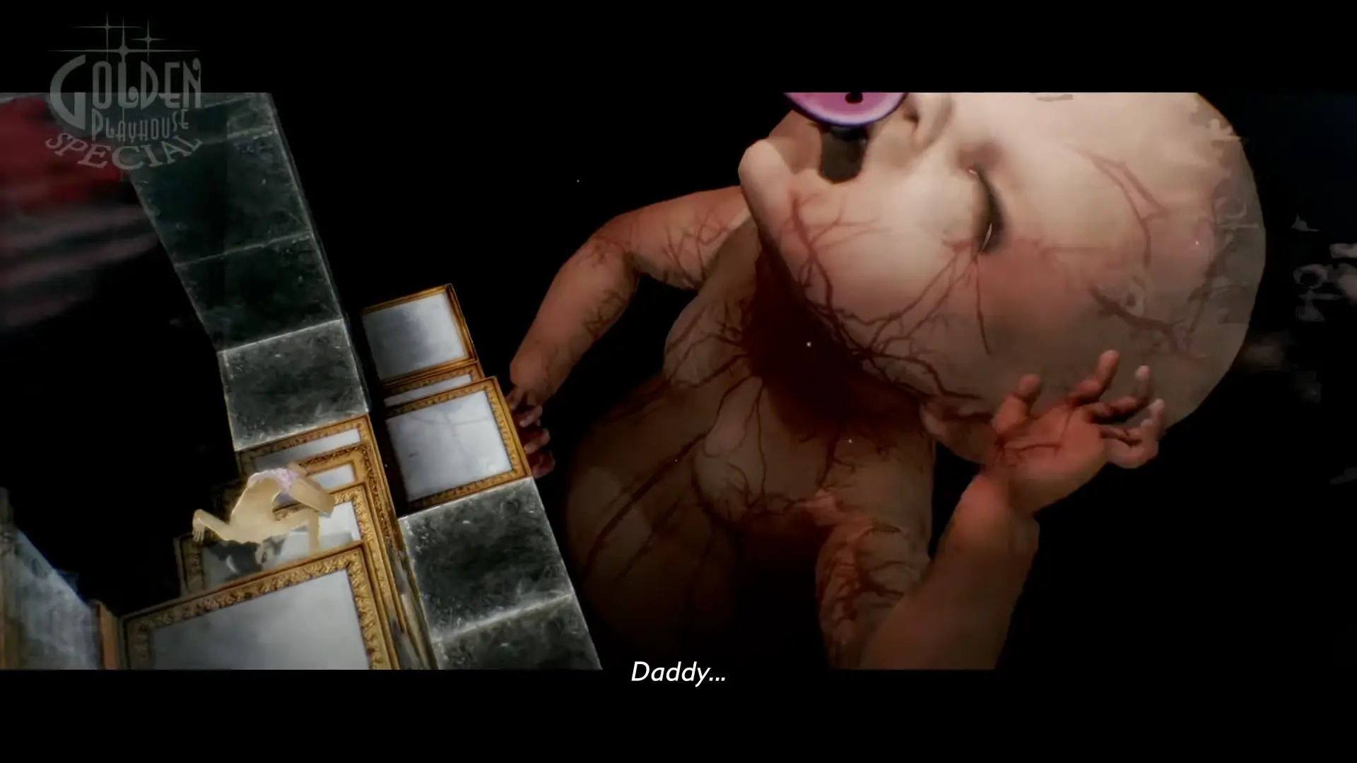 The 'Child with a Chainsaw' boss chasing Vincent up the tower, its distorted cries echoing through the stage.